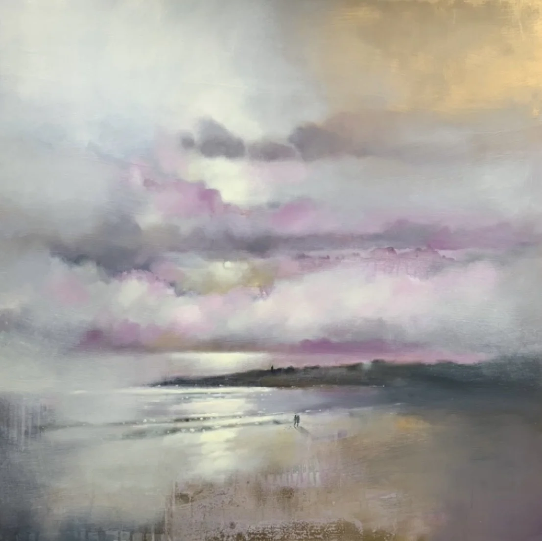 Together, St Andrews by Emma S Davis original oil painting featuring two figures walking along the shoreline beneath dramatic skies. Detailed view.