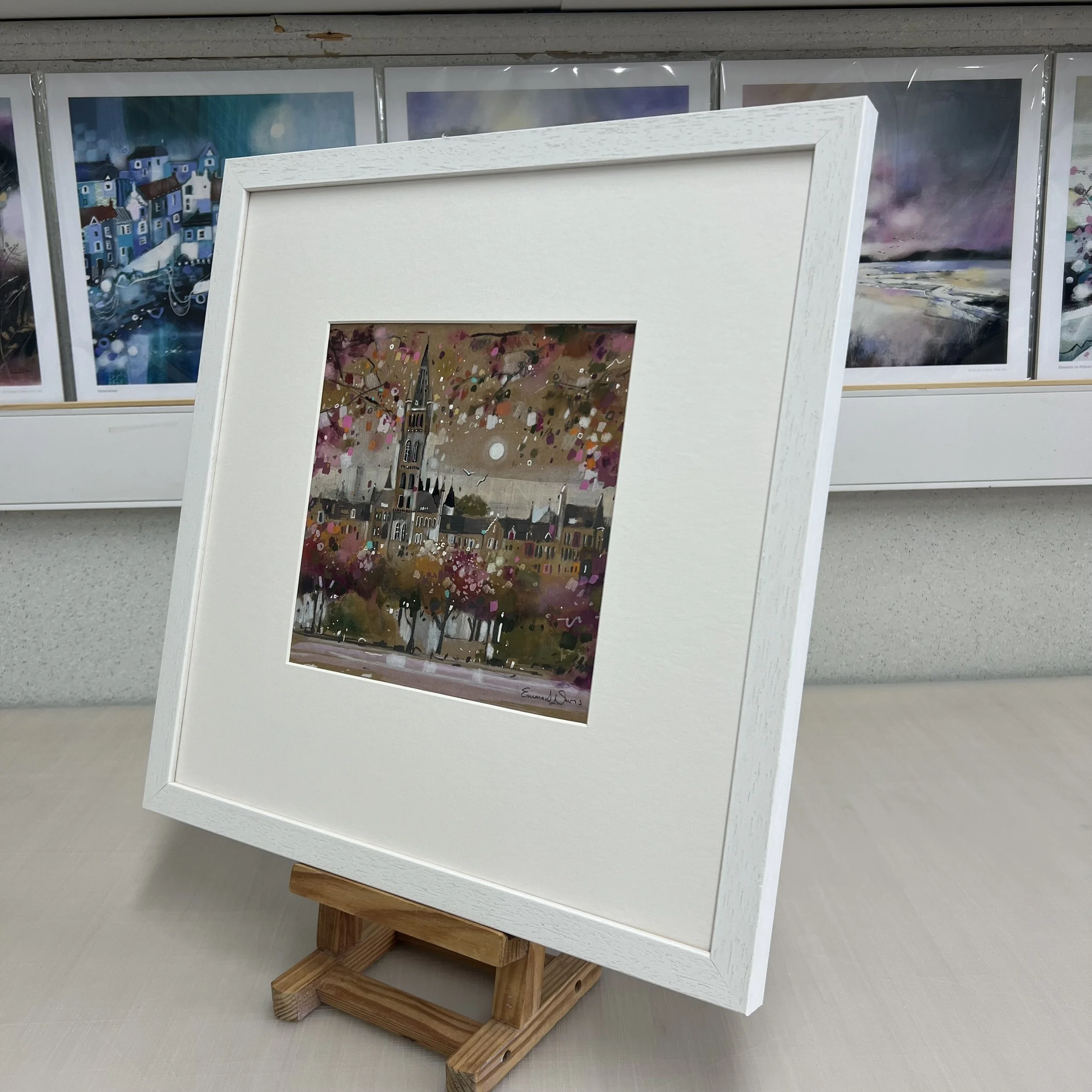 Framed Glasgow University painting showing the iconic Gilbert Scott Building in Glasgow. Alternate view.