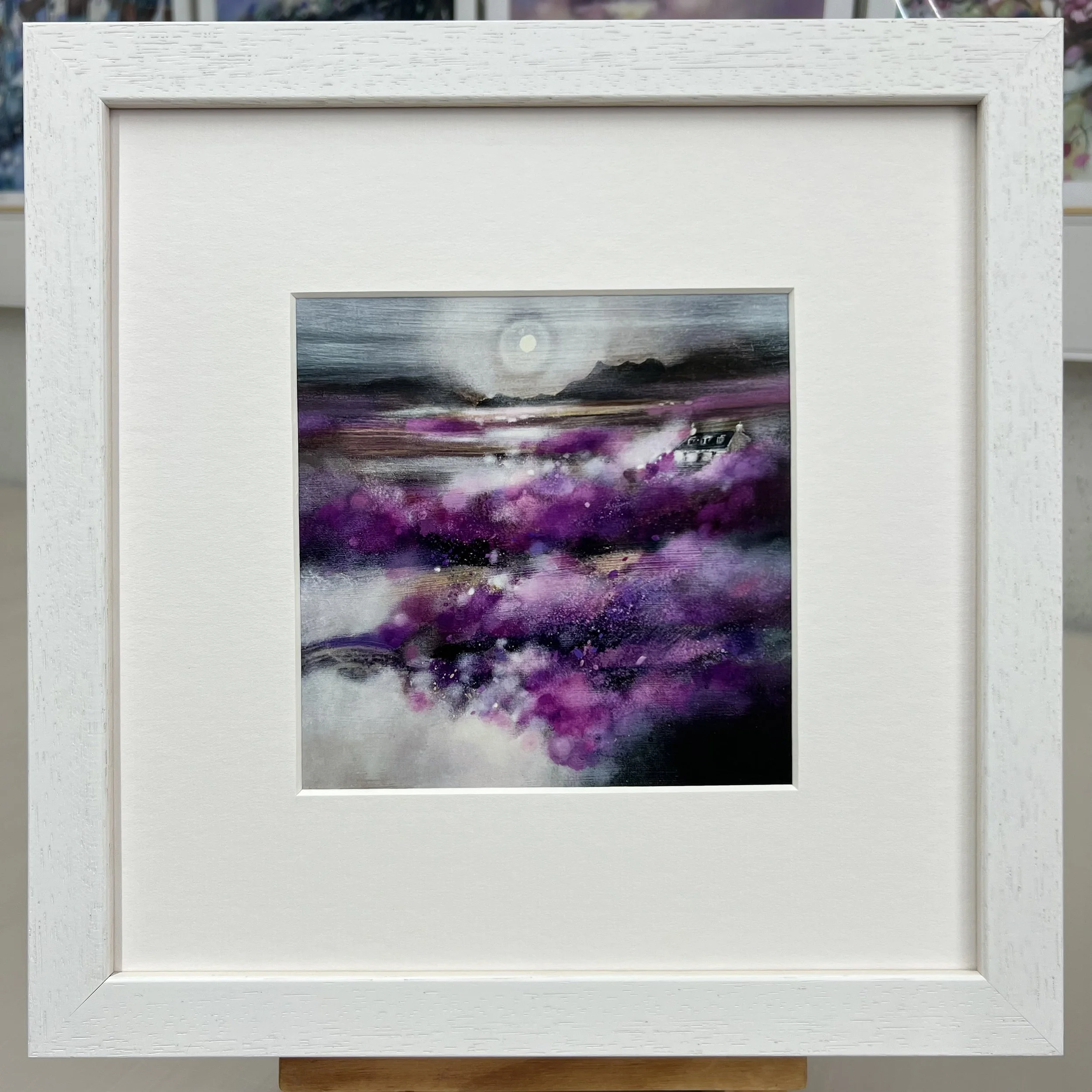Isle of Skye Heather framed card ready to hang on your wall by Emma S Davis Scottish Landscape Artist mounted in white frame
