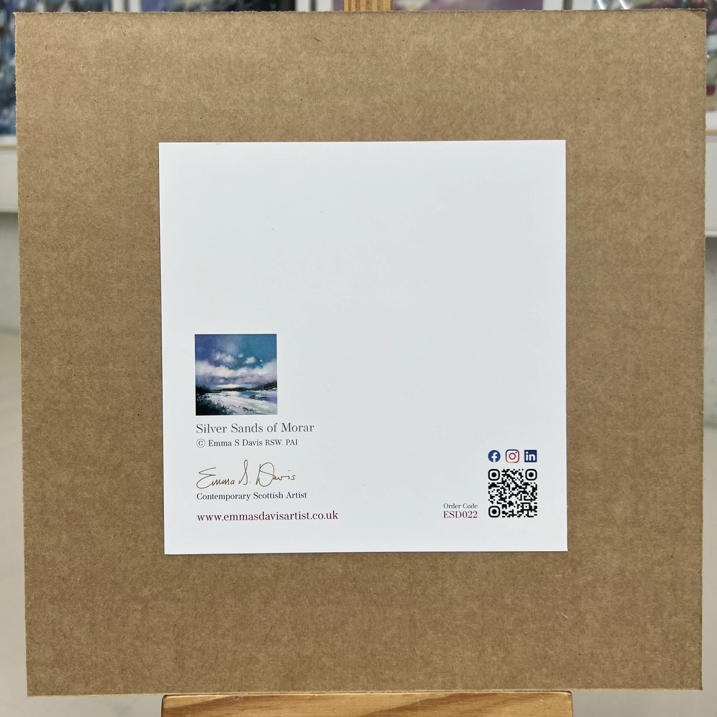 Greetings Card Silver Sands of Morar, Arisaig by Scottish Landscape Artist Emma S Davis. Mounted option rear view.