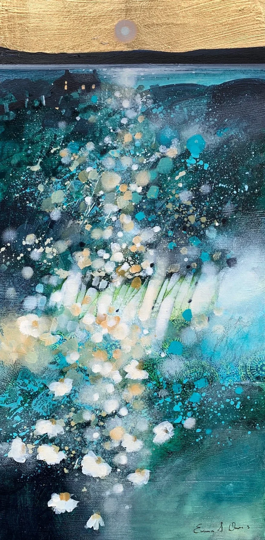 Original oil painting with gold leaf of white machair flowers overlooking the turquoise sea in the Outer Hebrides by Scottish artist Emma S Davis.