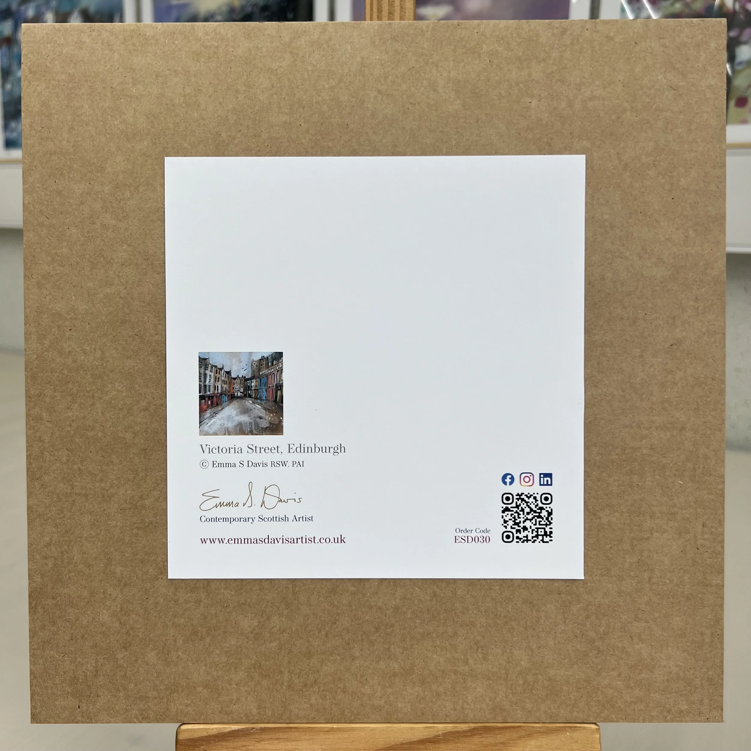Greetings Card Edinburgh Victoria Street Diagon Alley by Scottish Landscape Artist Emma S Davis. Mounted option rear view.