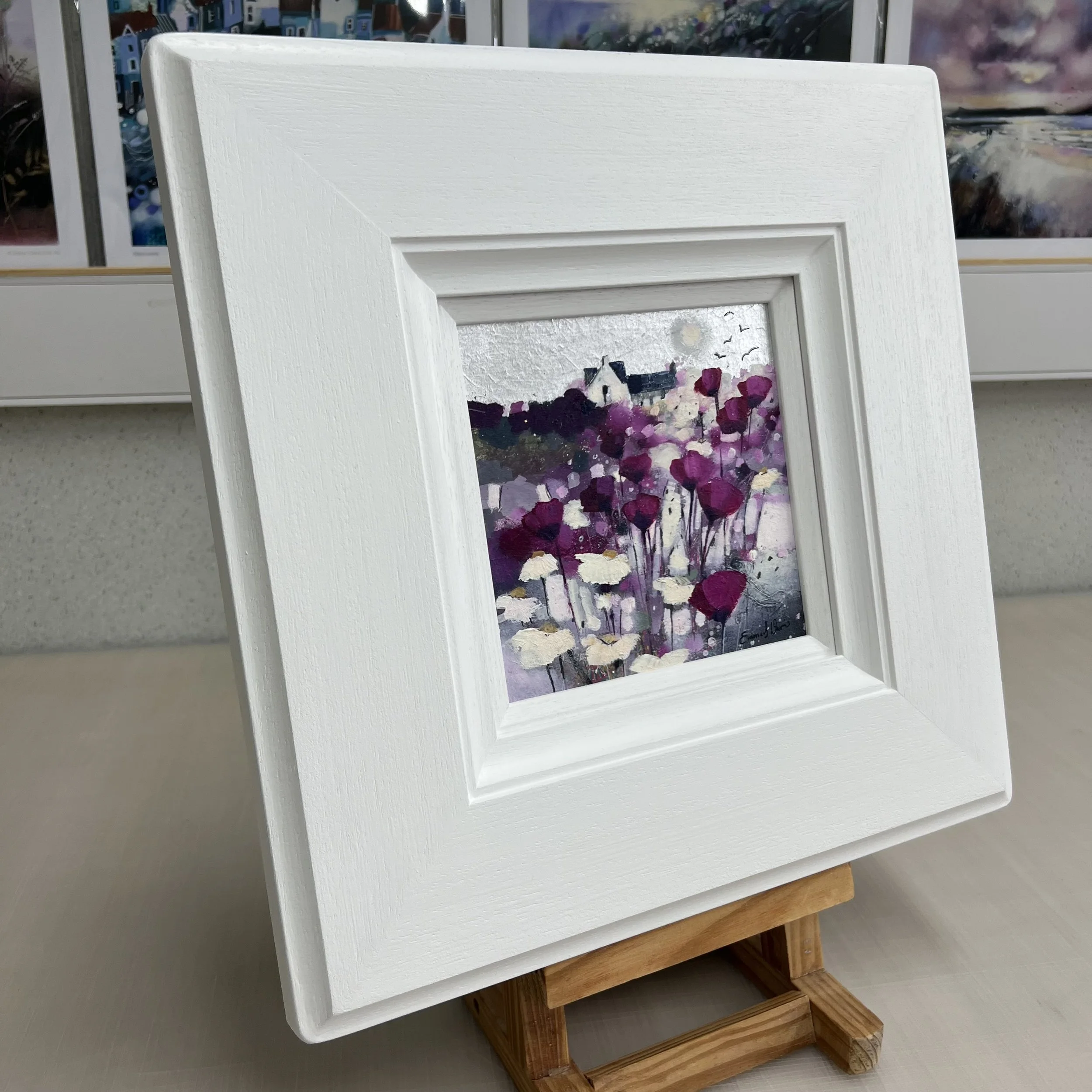 Original Scottish landscape painting of colourful moonlit fields of poppies and wildflowers by Emma S Davis Artist. Side view.