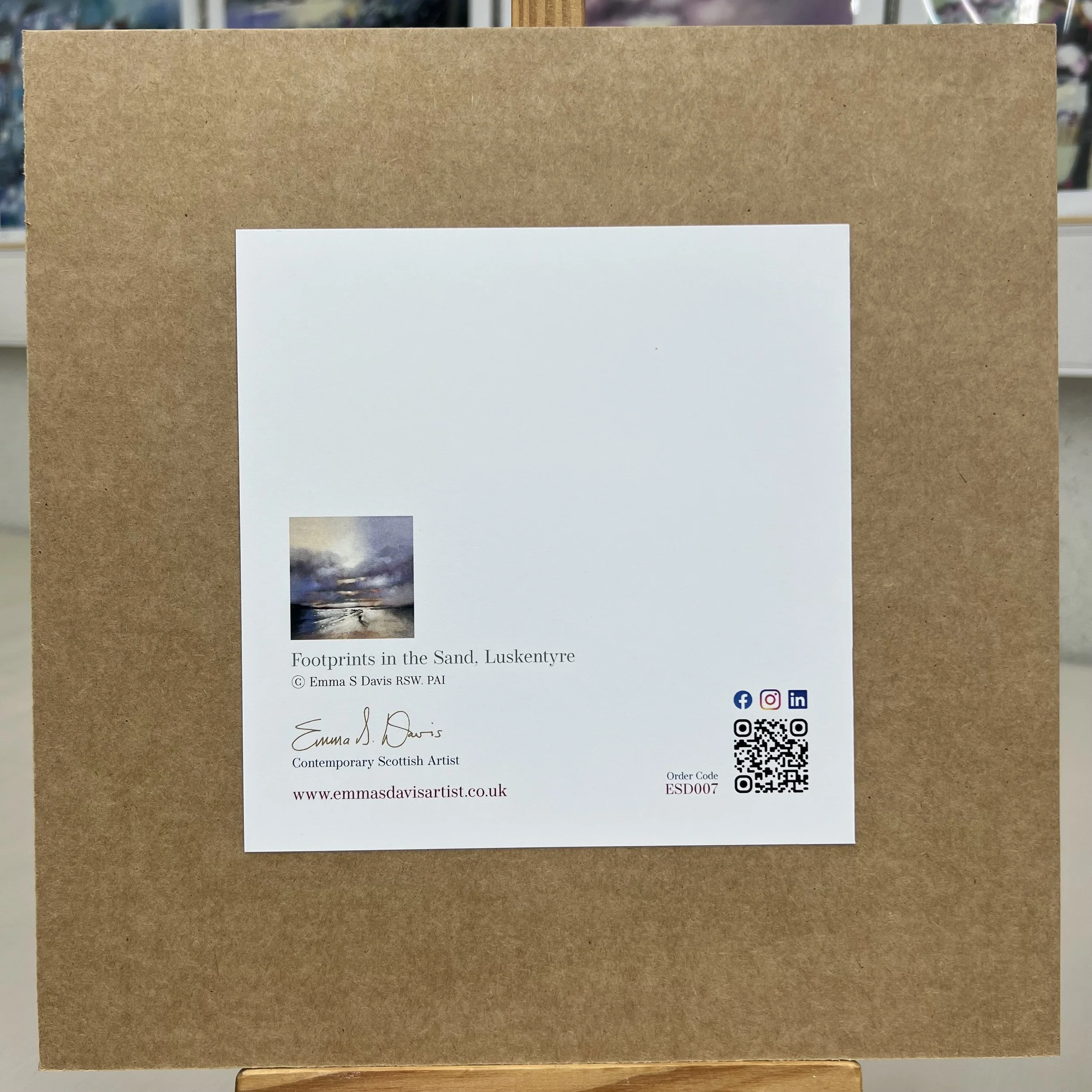 Greetings Card Luskentrye Beach, Harris, Hebrides by Scottish Landscape Artist Emma S Davis. Mounted option rear view.