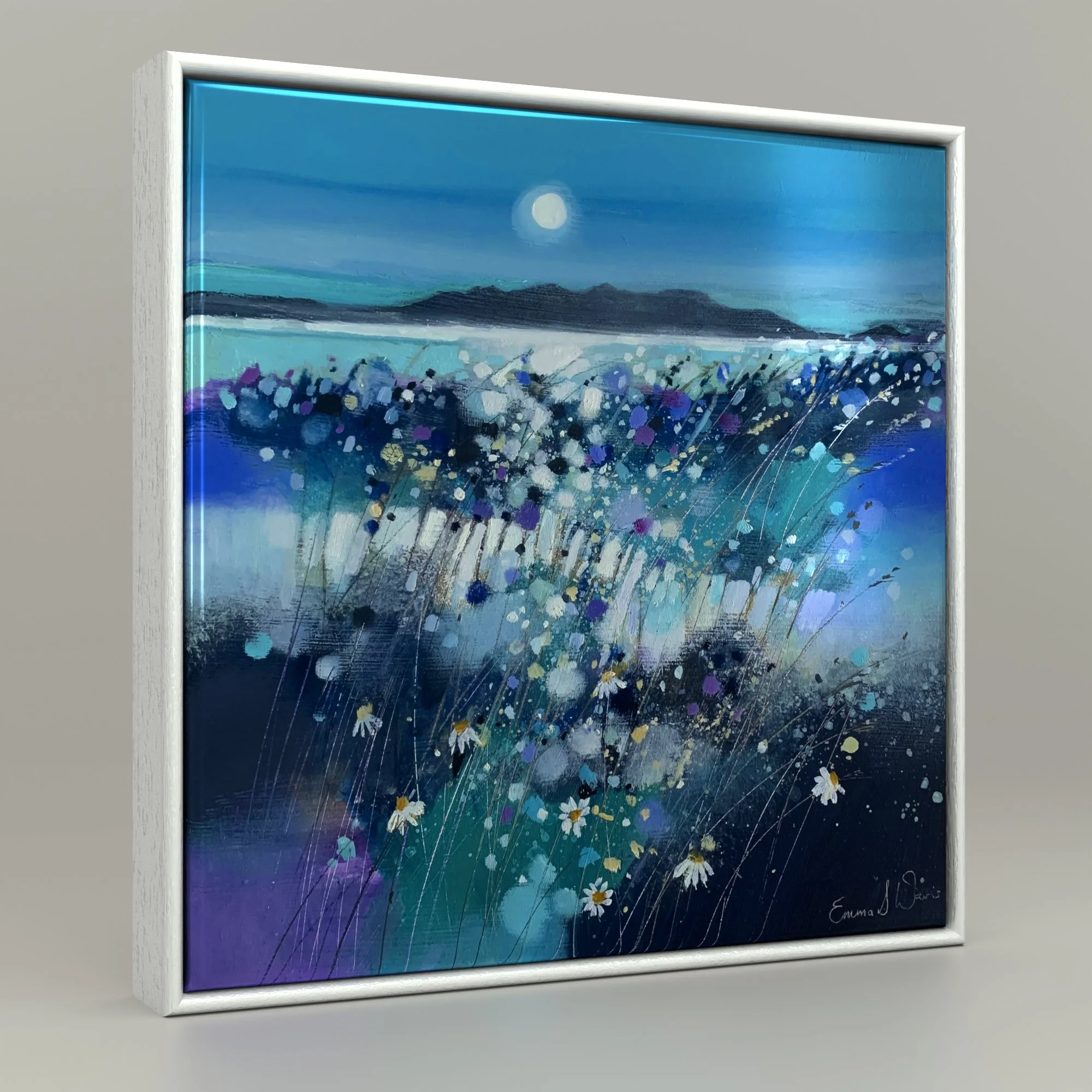 Framed ceramic tile print of Moonlight And Arran by Emma S Davis Artist. Capturing the vibrant essence of the Scottish landscape.