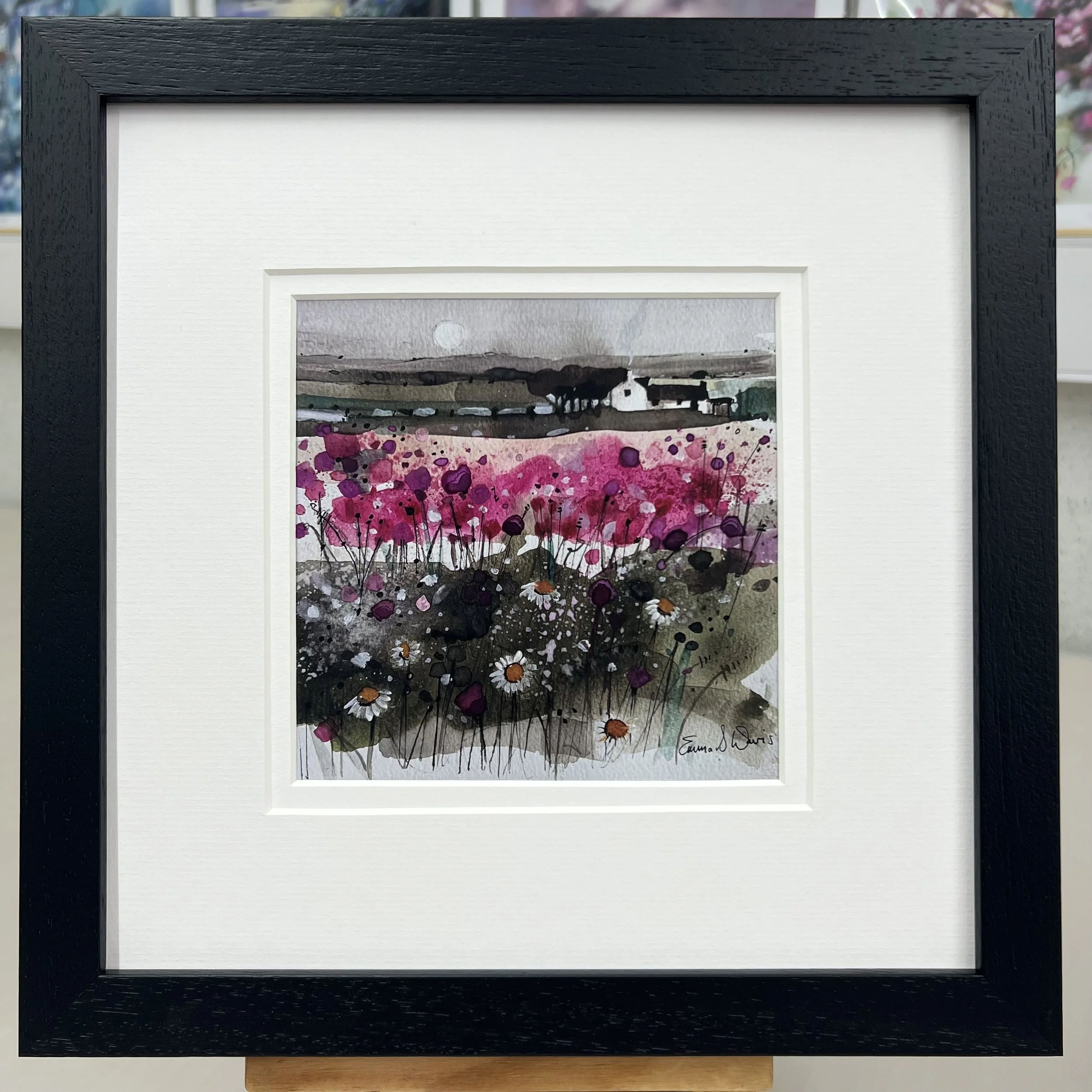 Framed Art Card 'Home Is Where the Heart Is' by Scottish Landscape Artist Emma S Davis. Black Frame Double Mount