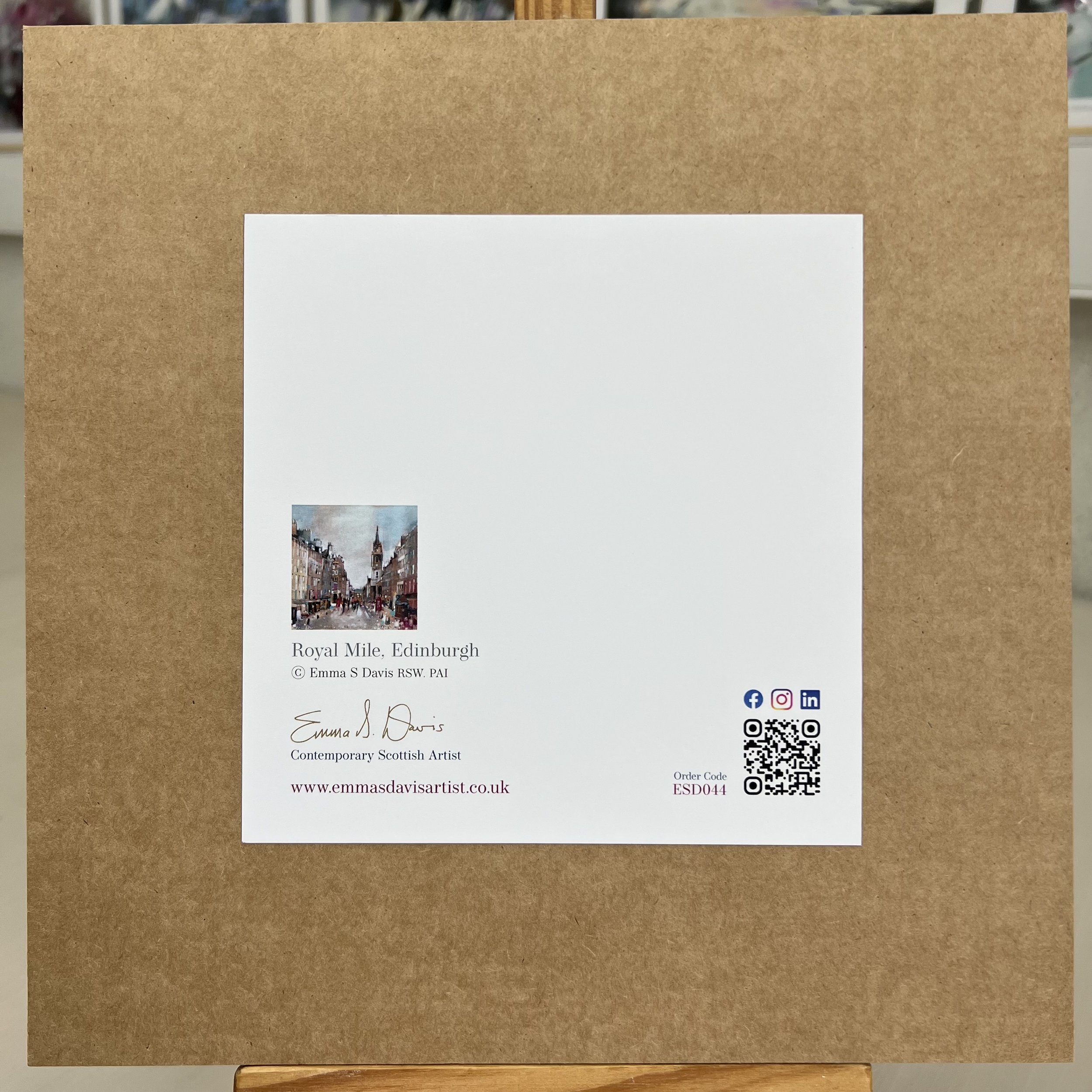 Royal Mile Edinburgh artwork featuring one of Edinburgh’s most famous historic streets in Scotland by Emma S Davis Artist. Rear view of mounted option.