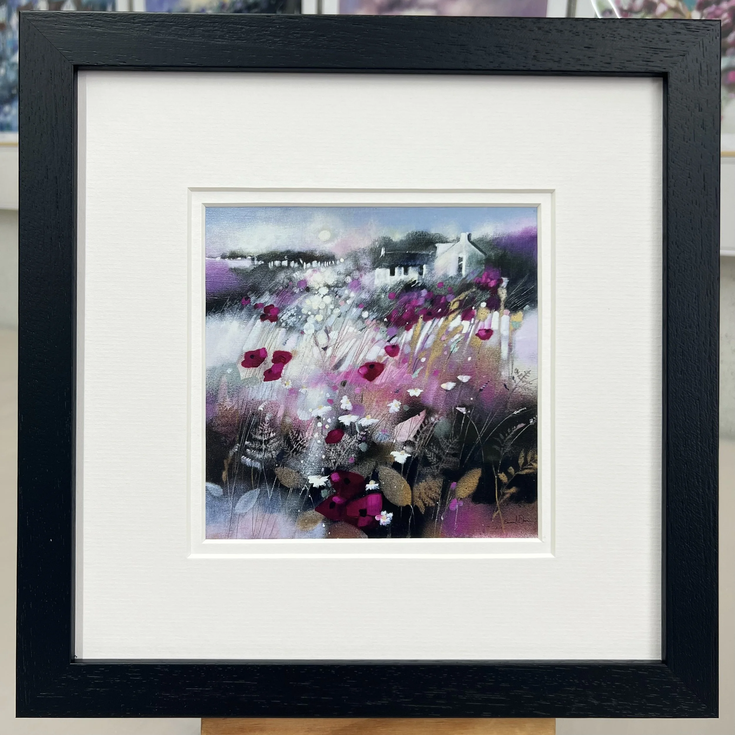 Framed Art Card Perthshire Poppies by Scottish Landscape Artist Emma S Davis. Black Frame Double Mount