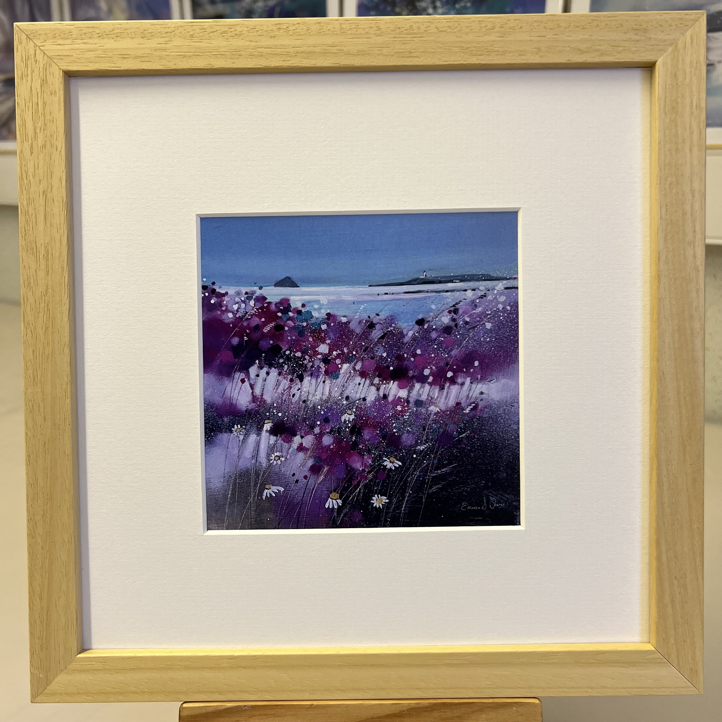 'Wildflowers, Kildonan, Arran' framed art card by Emma S Davis Scottish landscape artist framed in natural wood