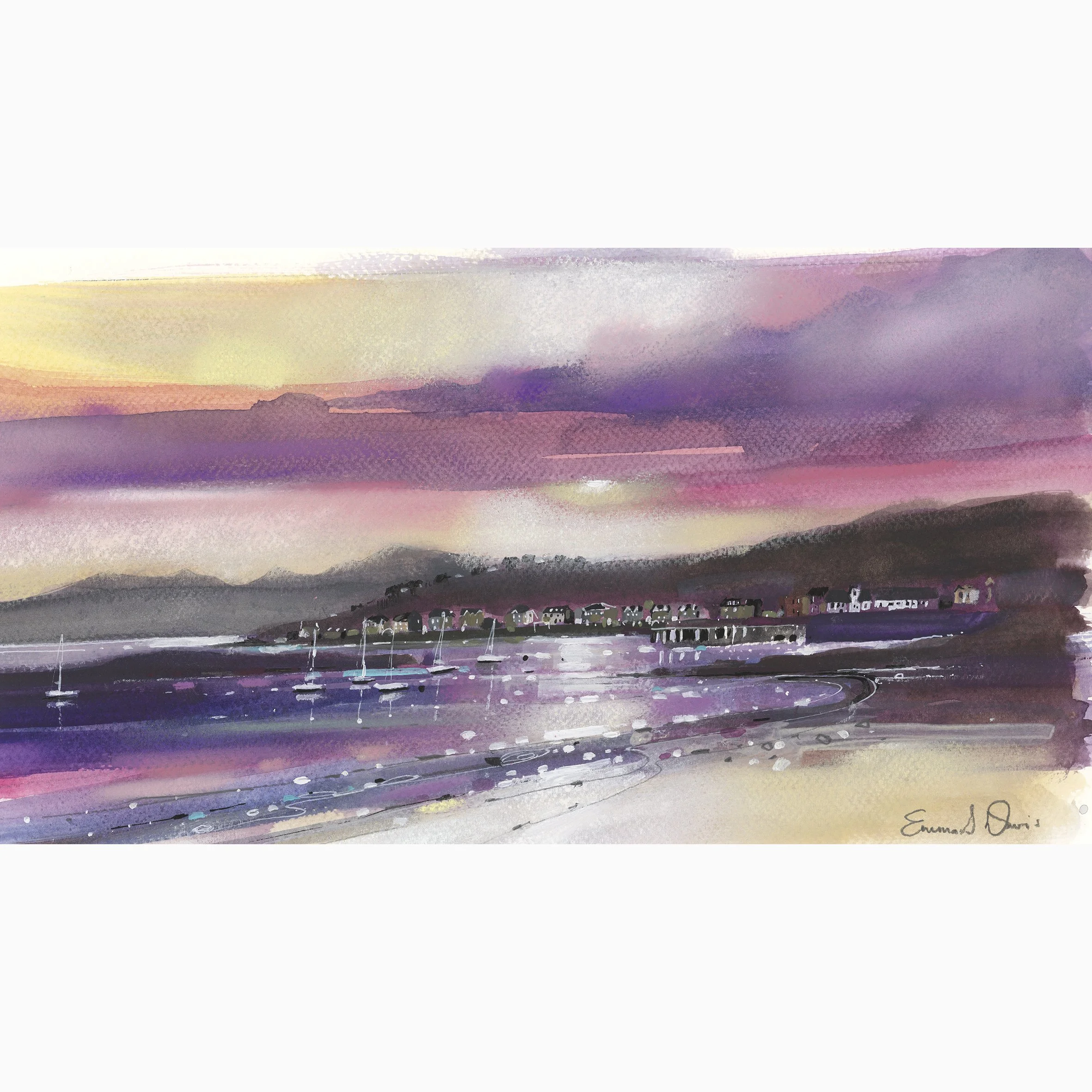 The view from Millport beach looking towards West Bay and Arran beyond on the Isle of Cumbrae, Scotland depicted beautifully in Emma S Davis Artist's open edition art print.