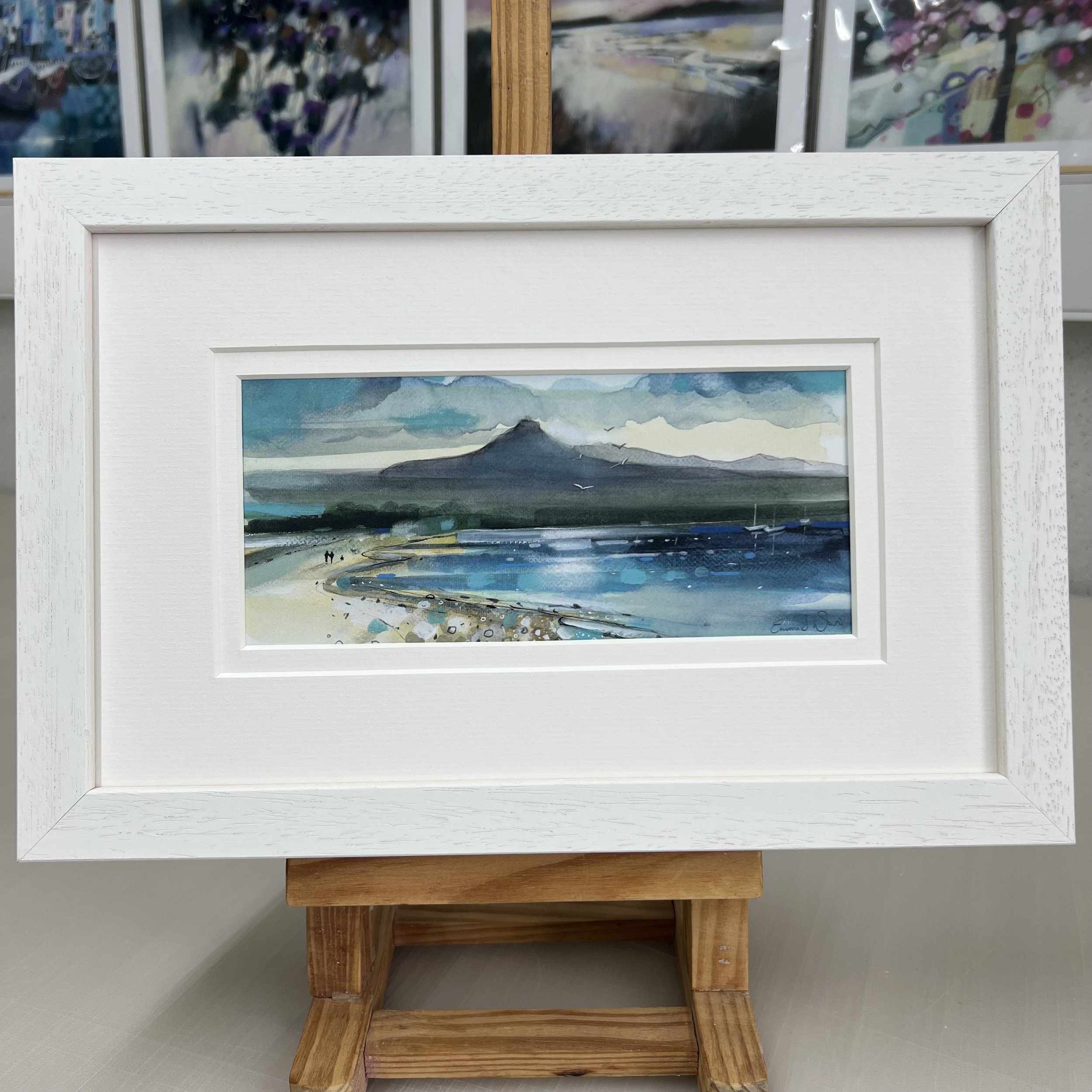 Framed Art Card Brodick, Isle of Arran by Scottish Landscape Artist Emma S Davis. White Frame Double mount