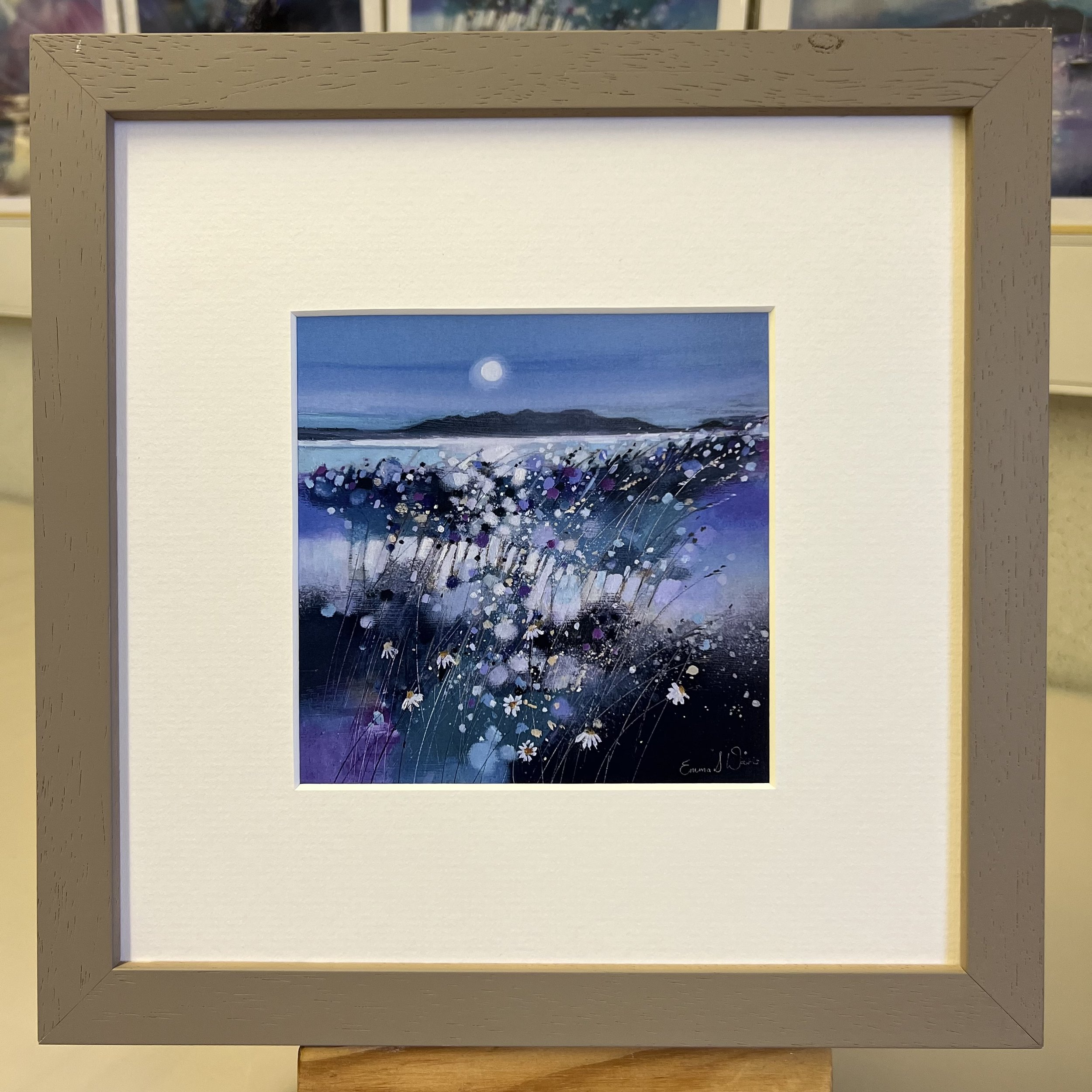 'Moonlight & Arran' framed art card by Emma S Davis Scottish landscape artist framed in light grey
