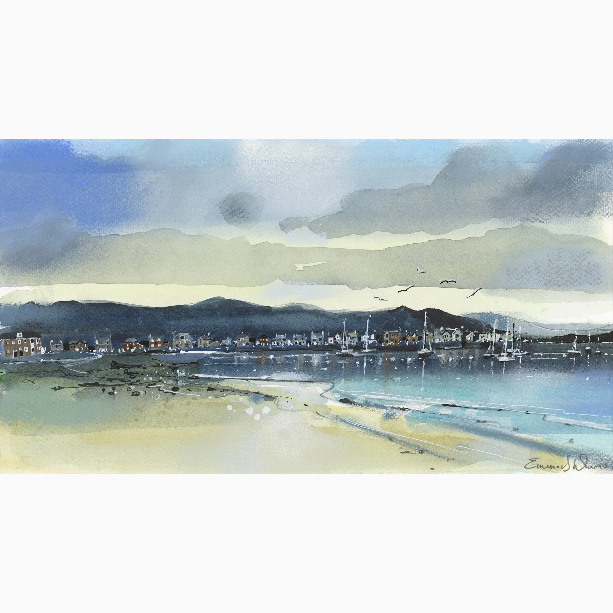 Millport's Newton Beach looking towards Marine Parade on the Isle of Cumbrae, Scotland depicted beautifully in Emma S Davis Artist's open edition art print.