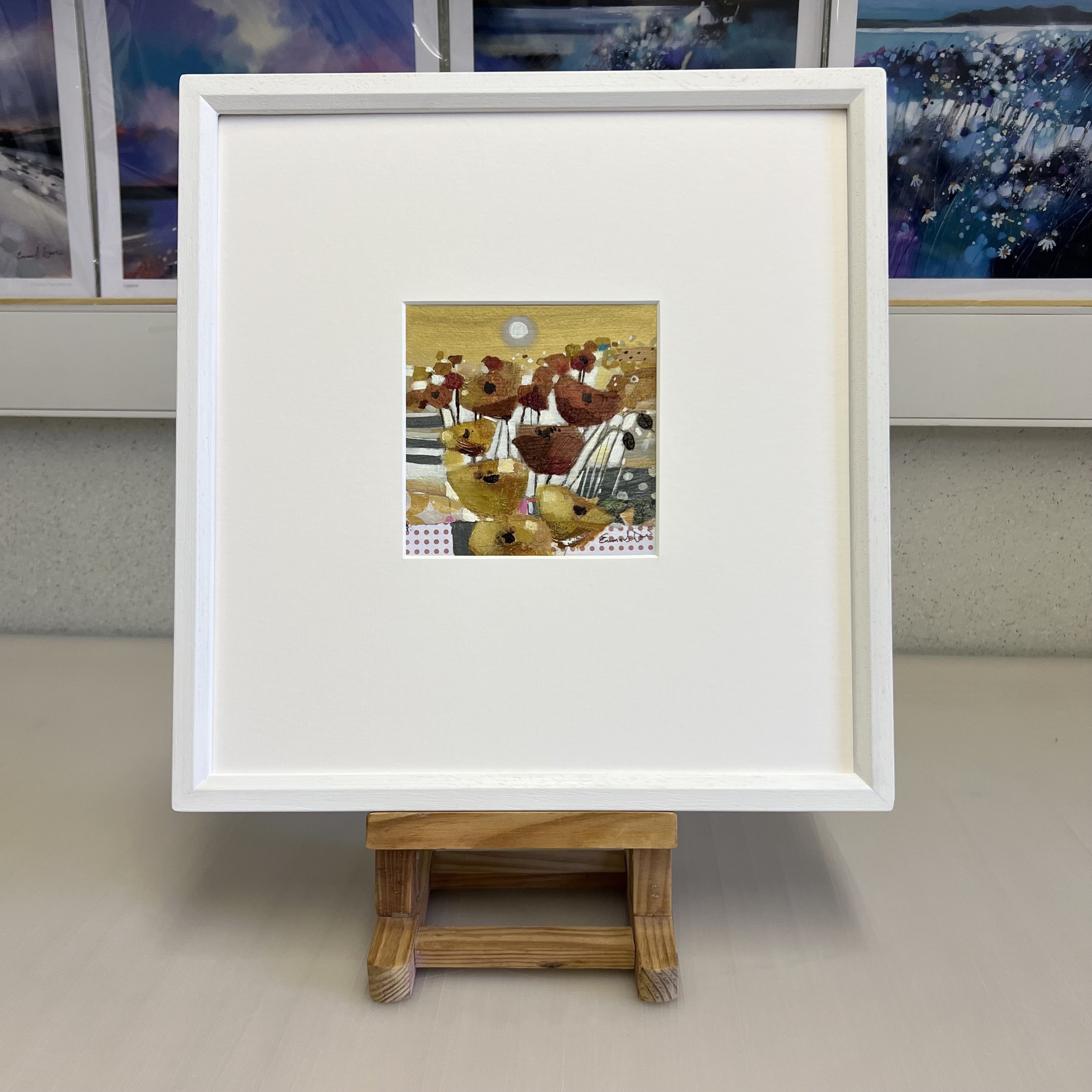 Golden by Emma S Davis Artist, an abstract small original painting displaying rich poppy filled fields of colour under a moonlit golden sky.