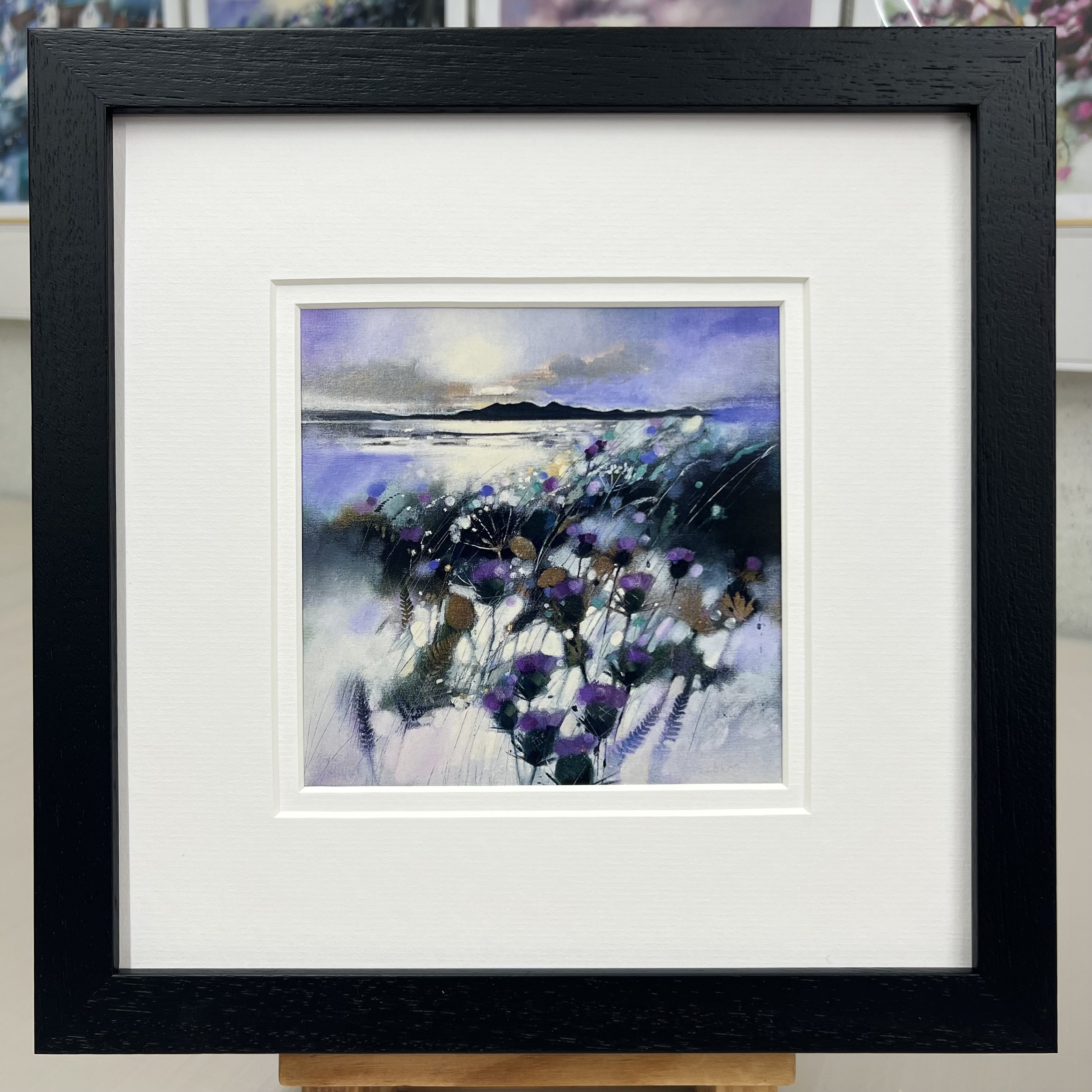 Framed Art Card Isle of Arran View Thistles by Scottish Landscape Artist Emma S Davis. Black Frame Double Mount