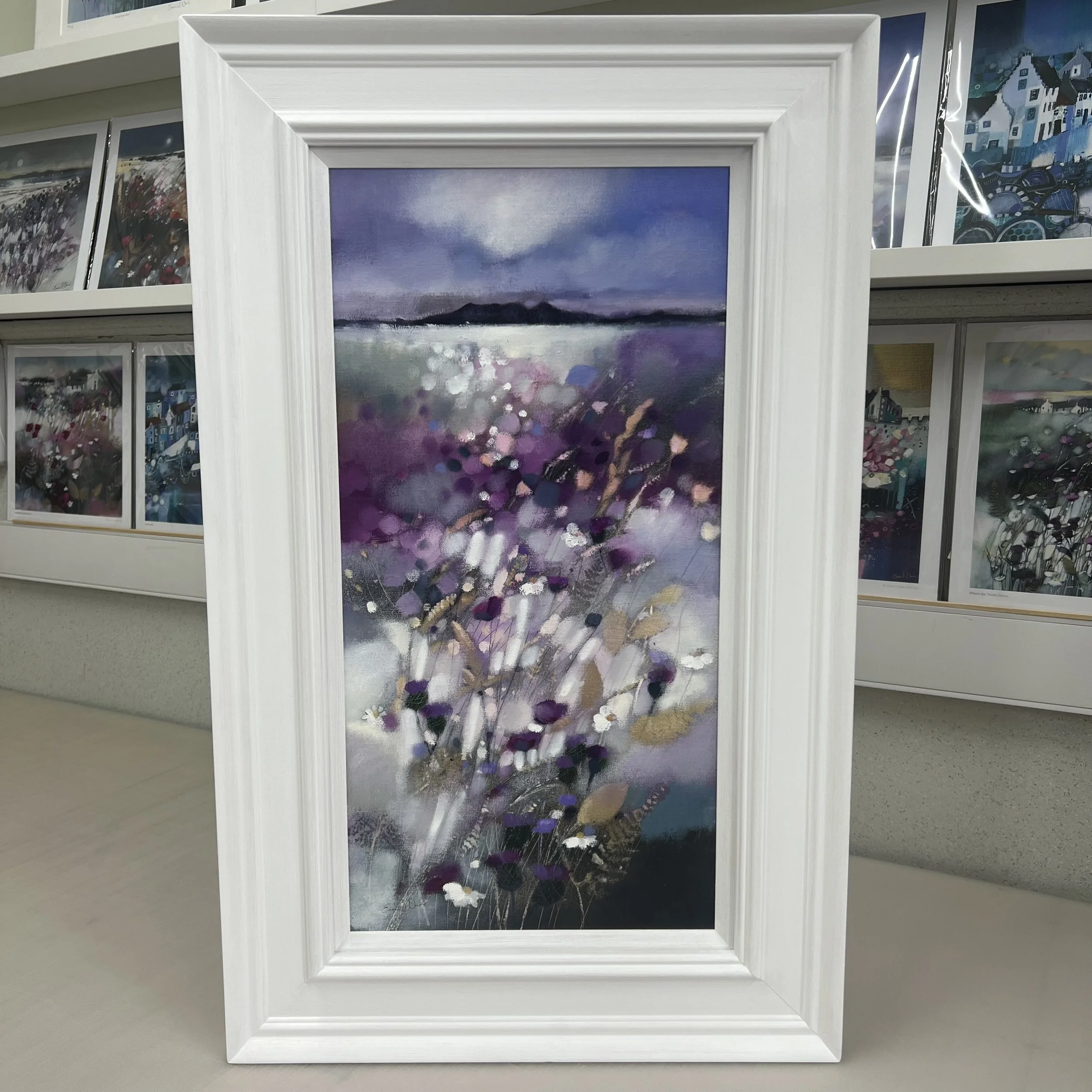 Framed original Arran painting showing the silhouette of the Isle of Arran from the Ayrshire coast