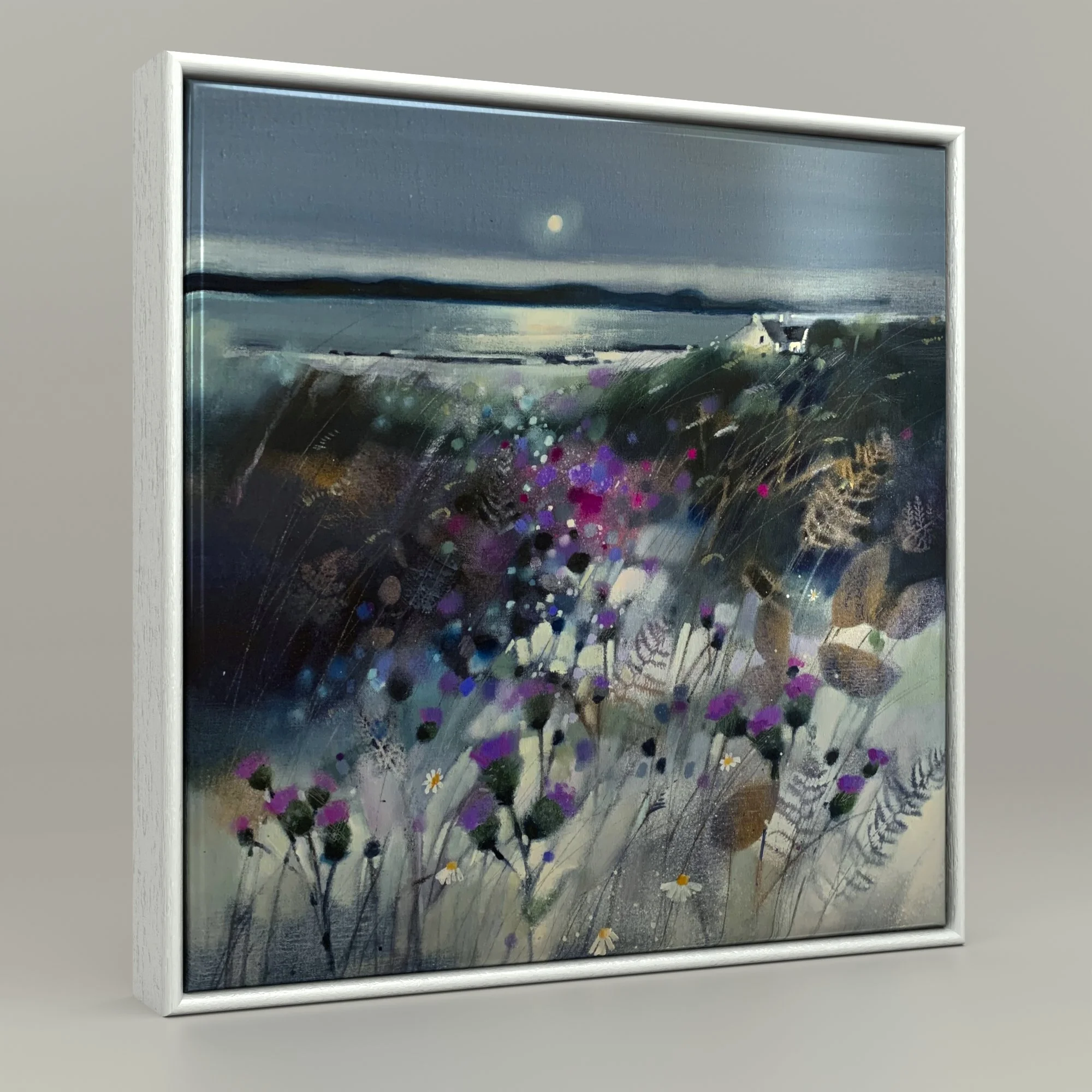 Framed ceramic tile of Thistles, Kintyre by Emma S Davis Artist. A captivating portrayal of the tranquil view from Kintyre mainland to the moonlit Isle of Gigha.