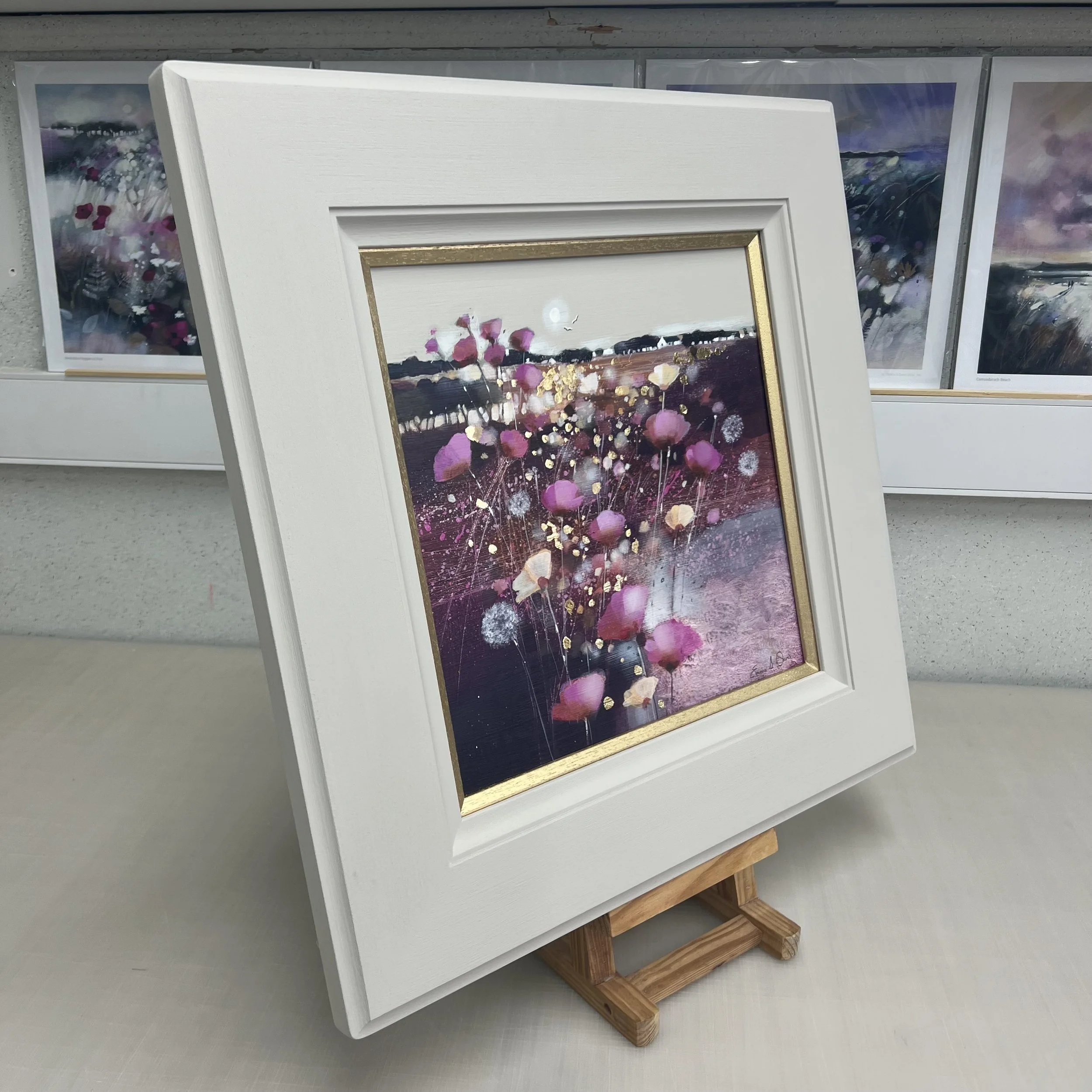 Autumn’s Fallen Stars original Scottish autumn wildflower landscape painting with gold leaf. Alternate view.