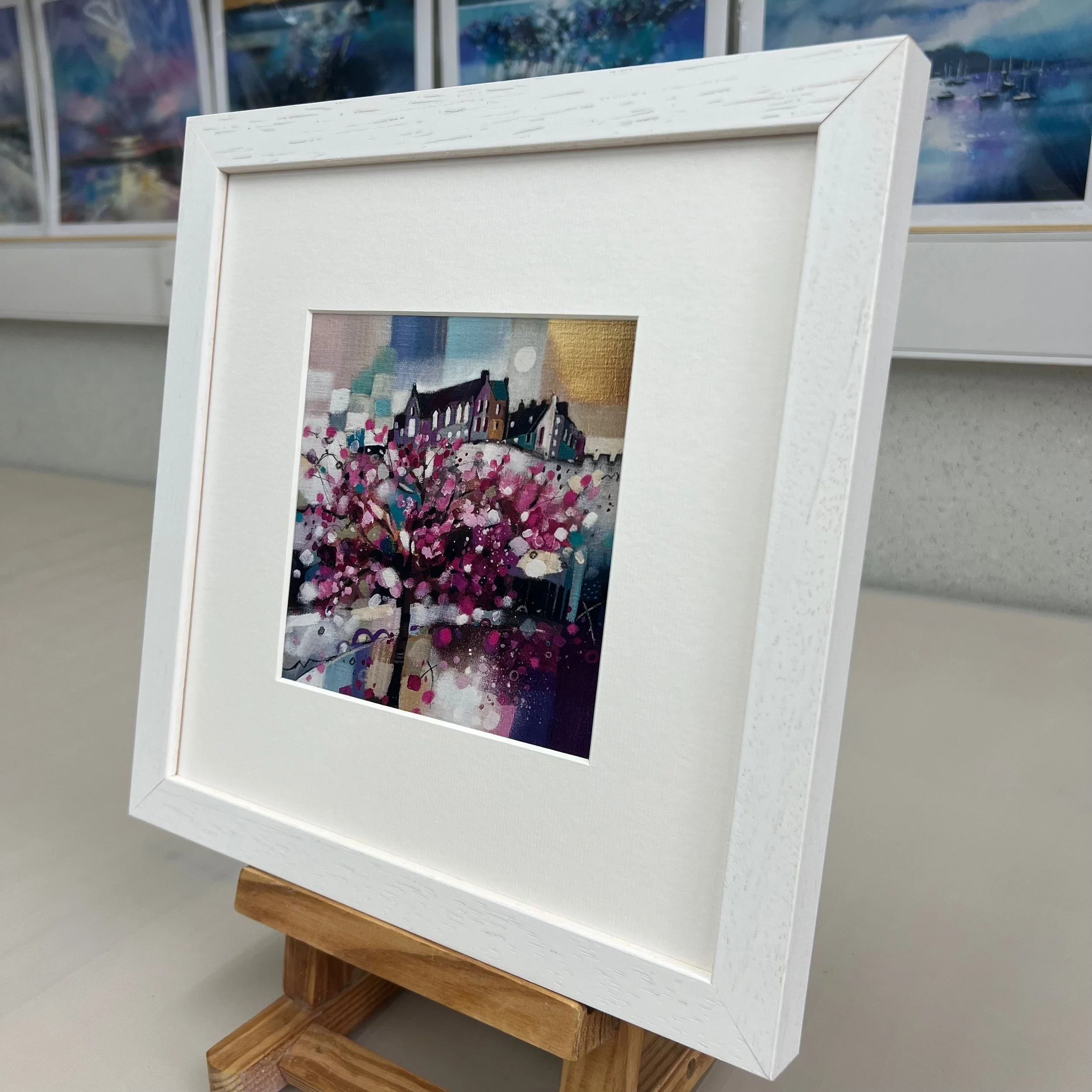 Blossoms on Princes Street, Edinburgh - Framed Greetings Card by Emma S Davis Artist - white frame angled view