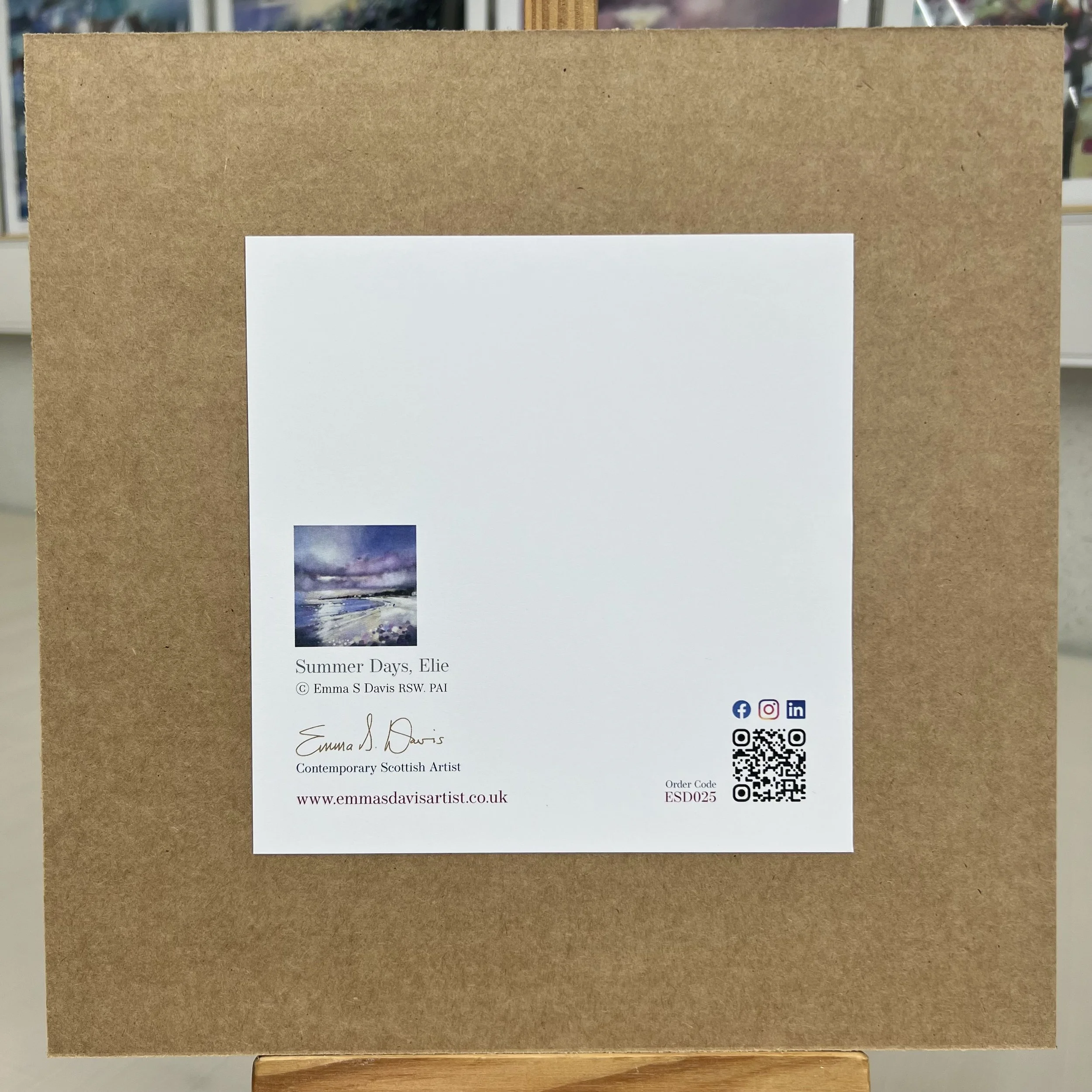 Greetings Card Elie Beach East Neuk of Fife by Scottish Landscape Artist Emma S Davis. Mounted option rear view.