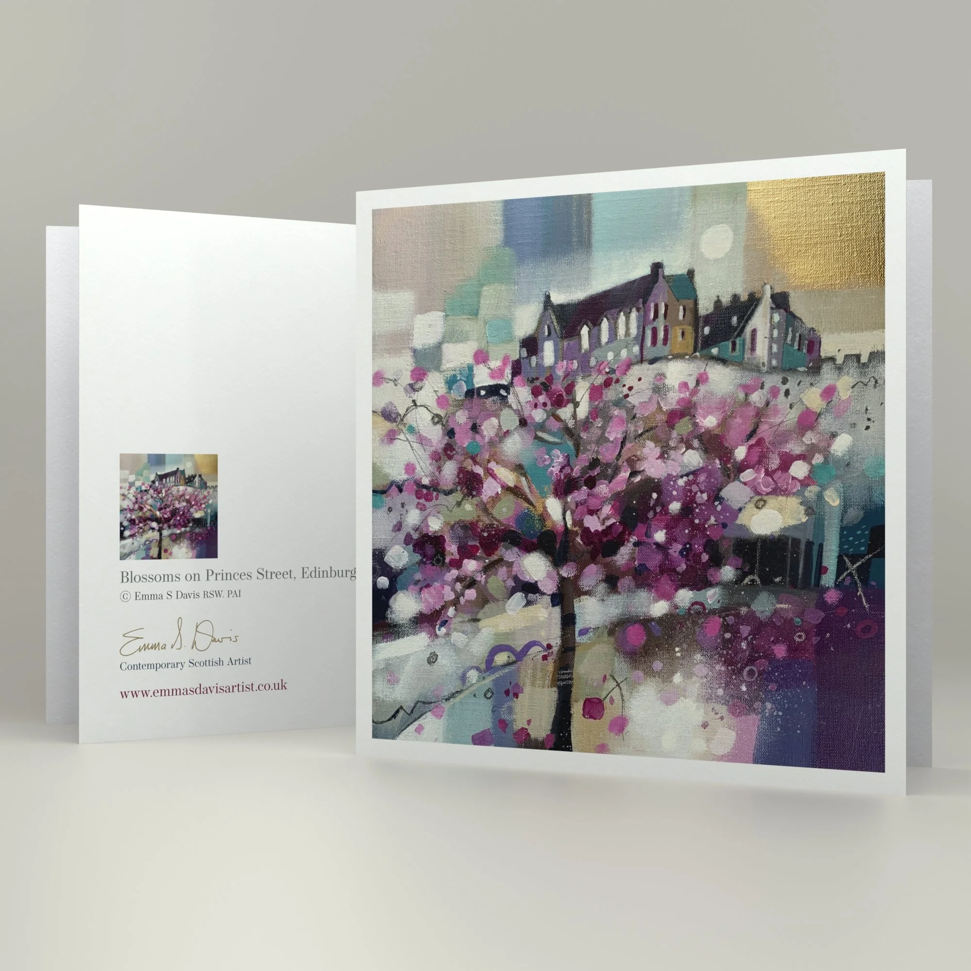 Blossoms on Princes Street, Edinburgh - Framed Greetings Card by Emma S Davis Artist