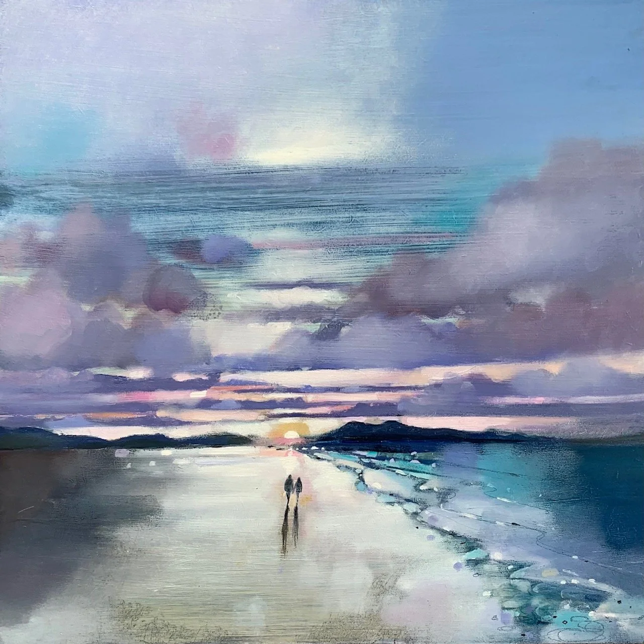 Original oil painting of a couple walking along Luskentyre Beach on the Isle of Harris in the Outer Hebrides at sunset by Scottish artist Emma S Davis. Detailed view.