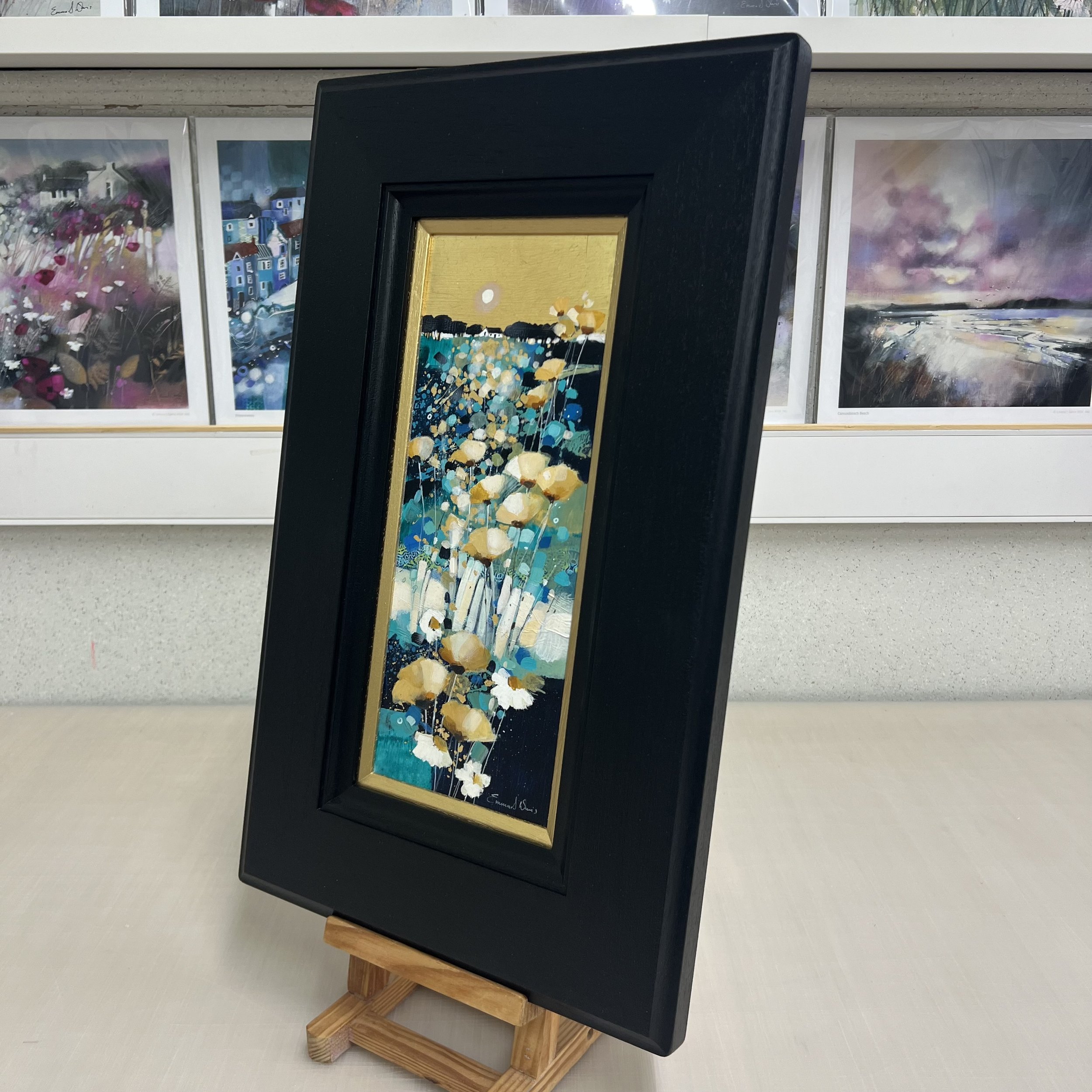 A Thousand Dreams original Scottish wildflower landscape painting with gold leaf. Side view.