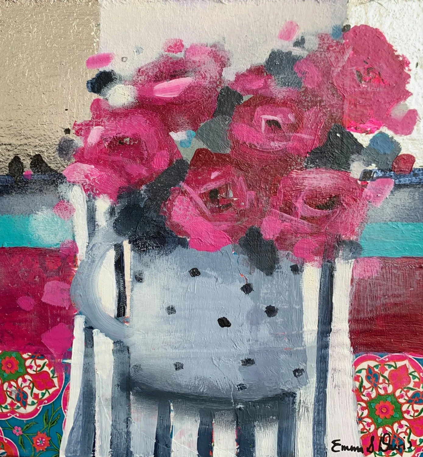 Original painting of bright pink roses titled Forever My Love by Emma S Davis