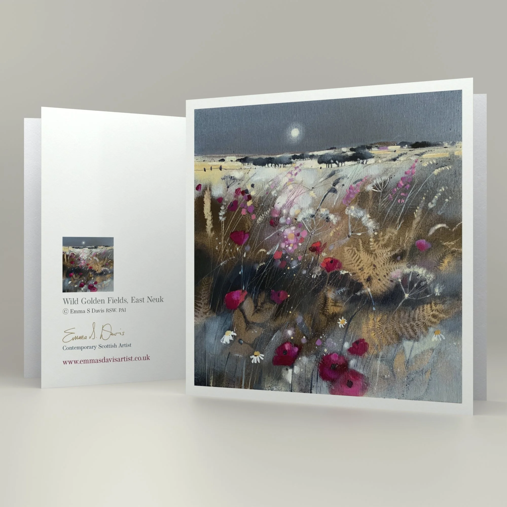 A moonlit sky lights up the Scottish poppy and wildflower filled fields in Emma S Davis Artist's art greetings card 'Wild Golden Fields, East Neuk'