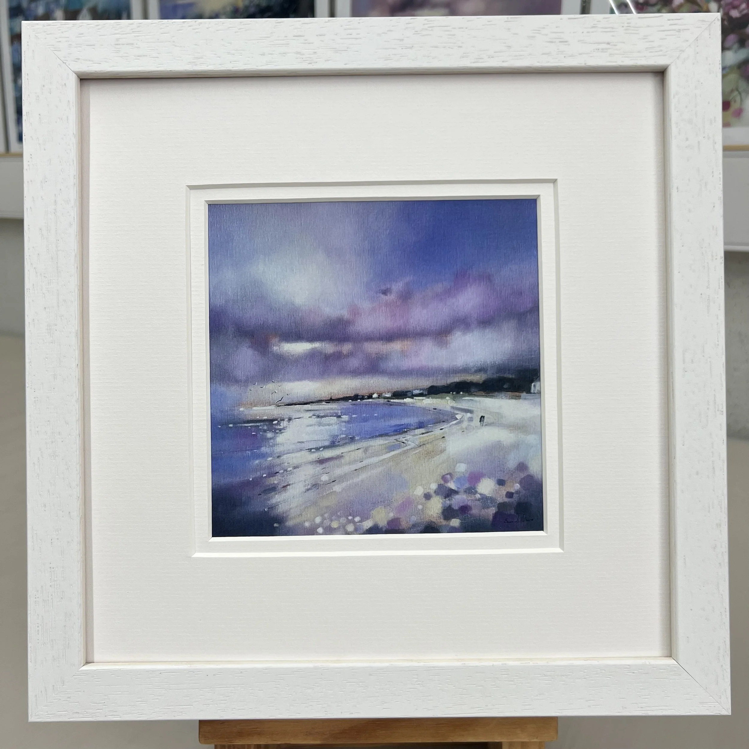 Framed Art Card Elie Beach East Neuk of Fife by Scottish Landscape Artist Emma S Davis. White Frame Double Mount