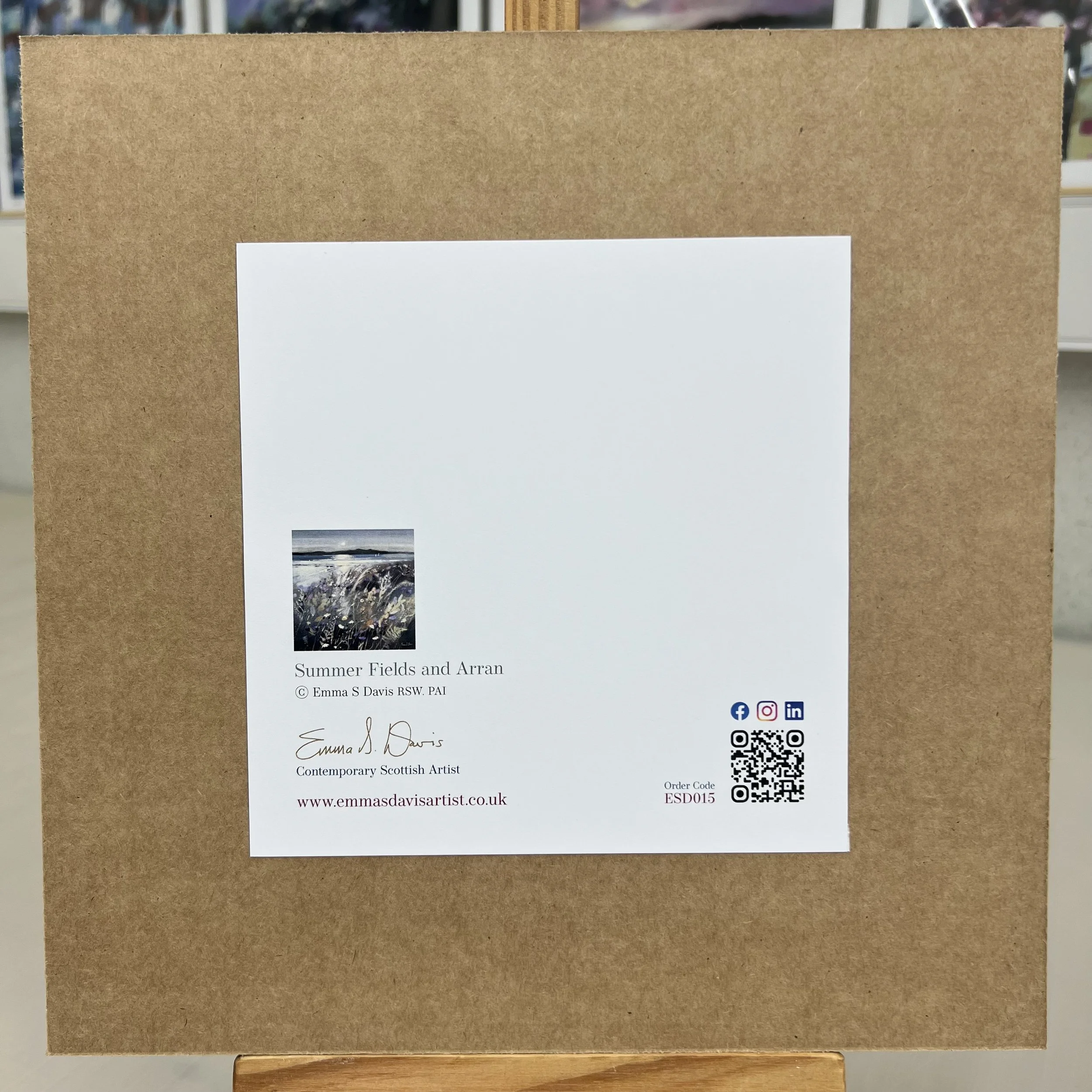 Greetings Card Isle of Arran View by Scottish Landscape Artist Emma S Davis. Mounted option rear view.