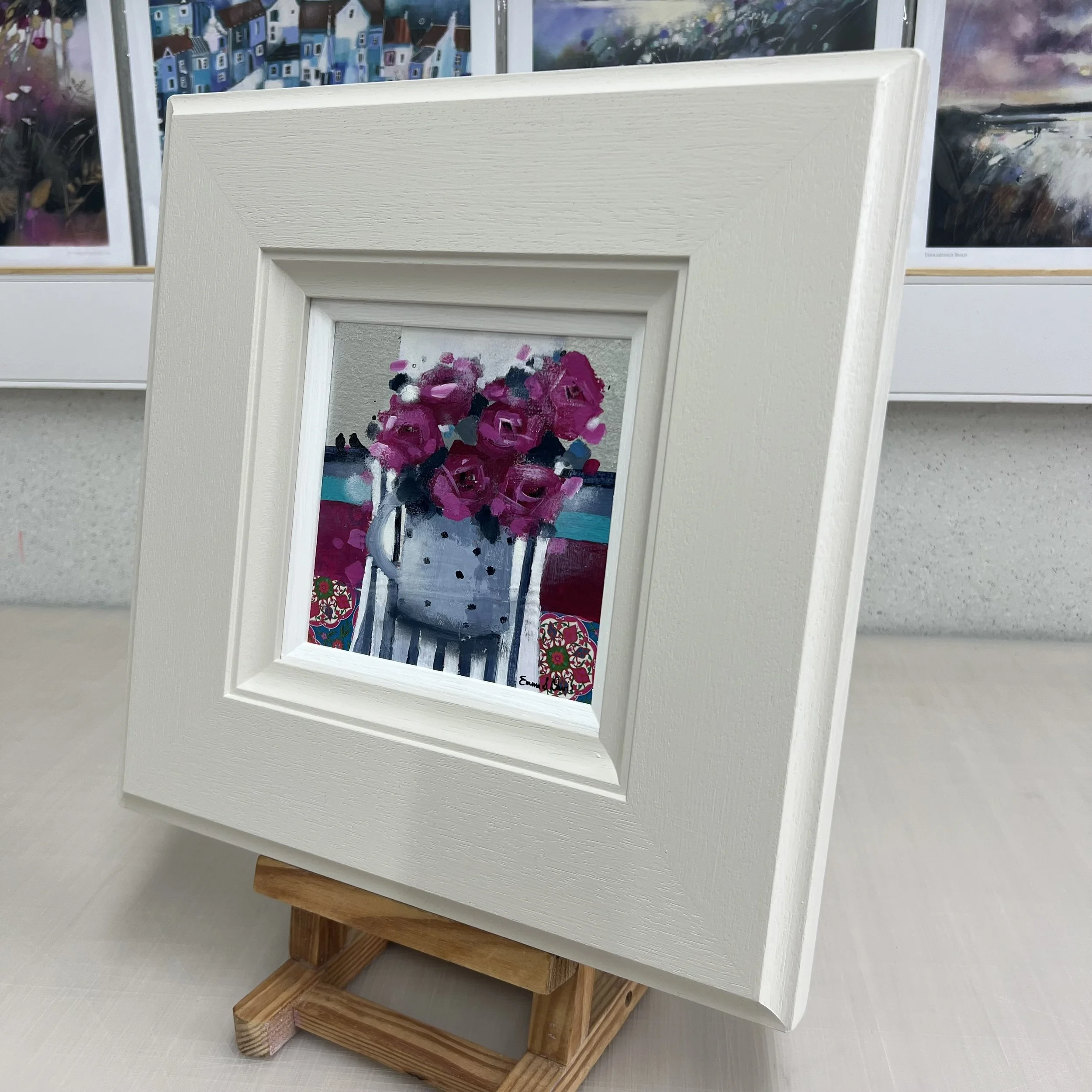 Framed original bright pink rose painting Forever My Love by Emma S Davis. Alternate view.