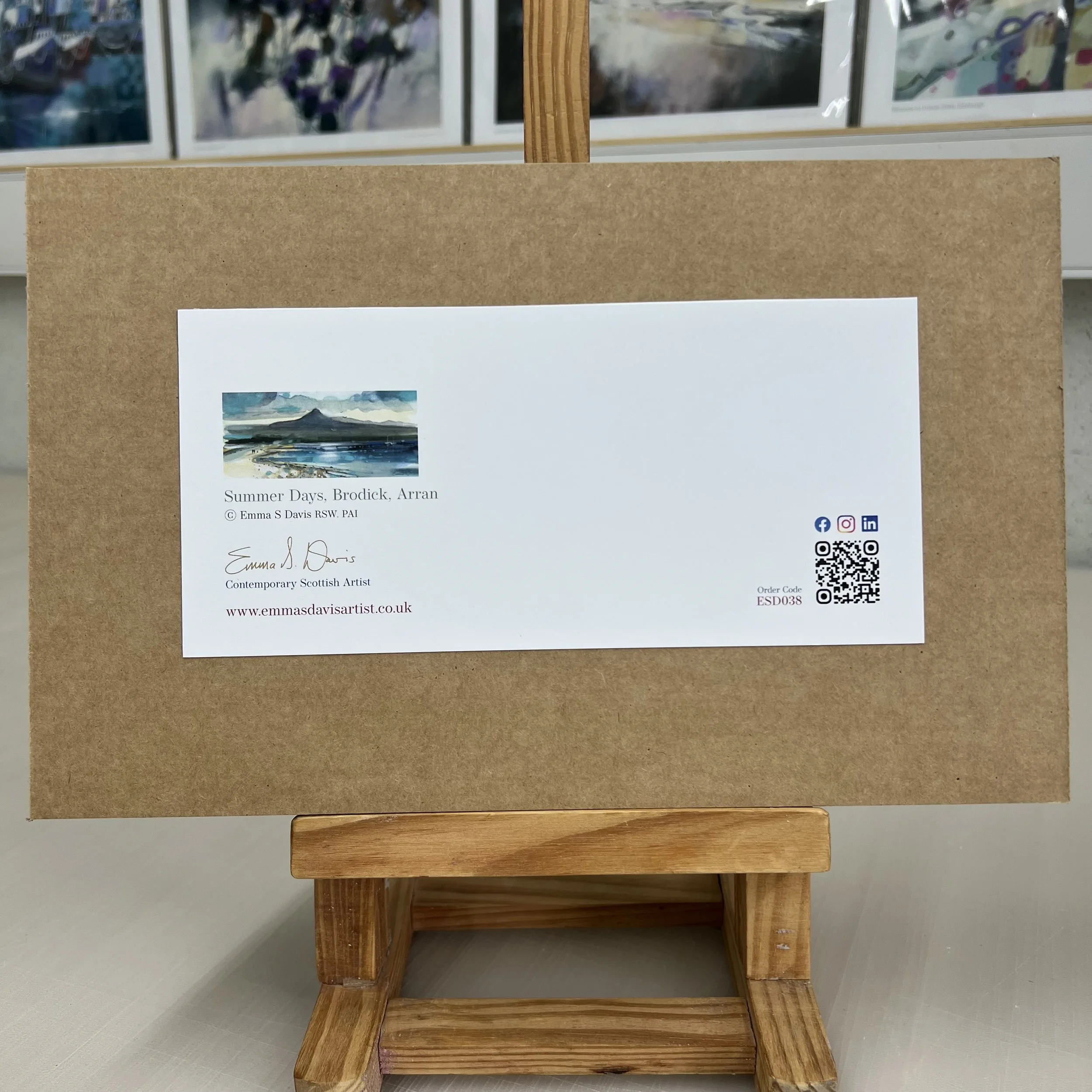Greetings Card Brodick Isle of Arran by Scottish Landscape Artist Emma S Davis. Mounted option rear view.