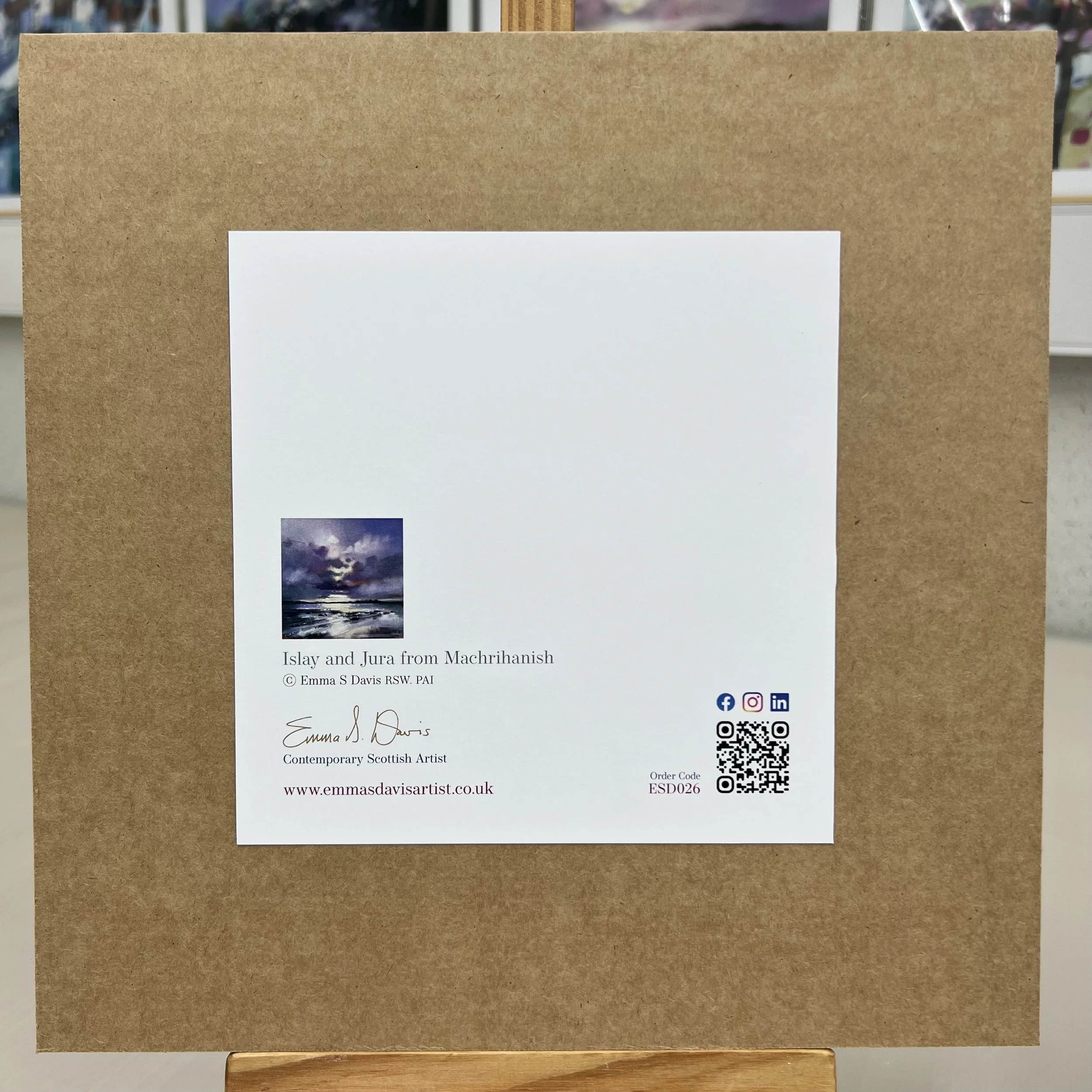 Greetings Card Kintyre Machrihanish Islay & Jura by Scottish Landscape Artist Emma S Davis. Mounted option rear view.