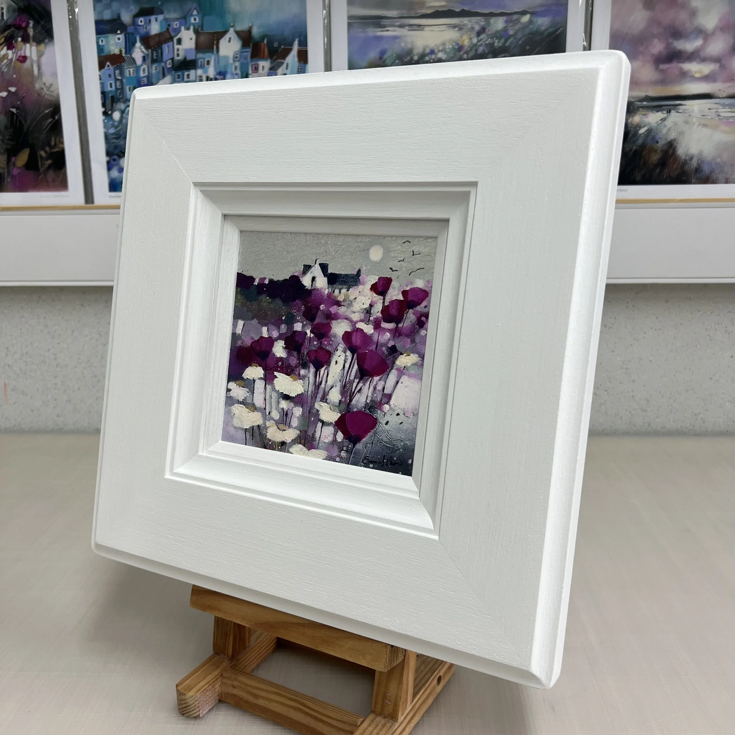 Original Scottish landscape painting of colourful moonlit fields of poppies and wildflowers by Emma S Davis Artist. Alternate view.