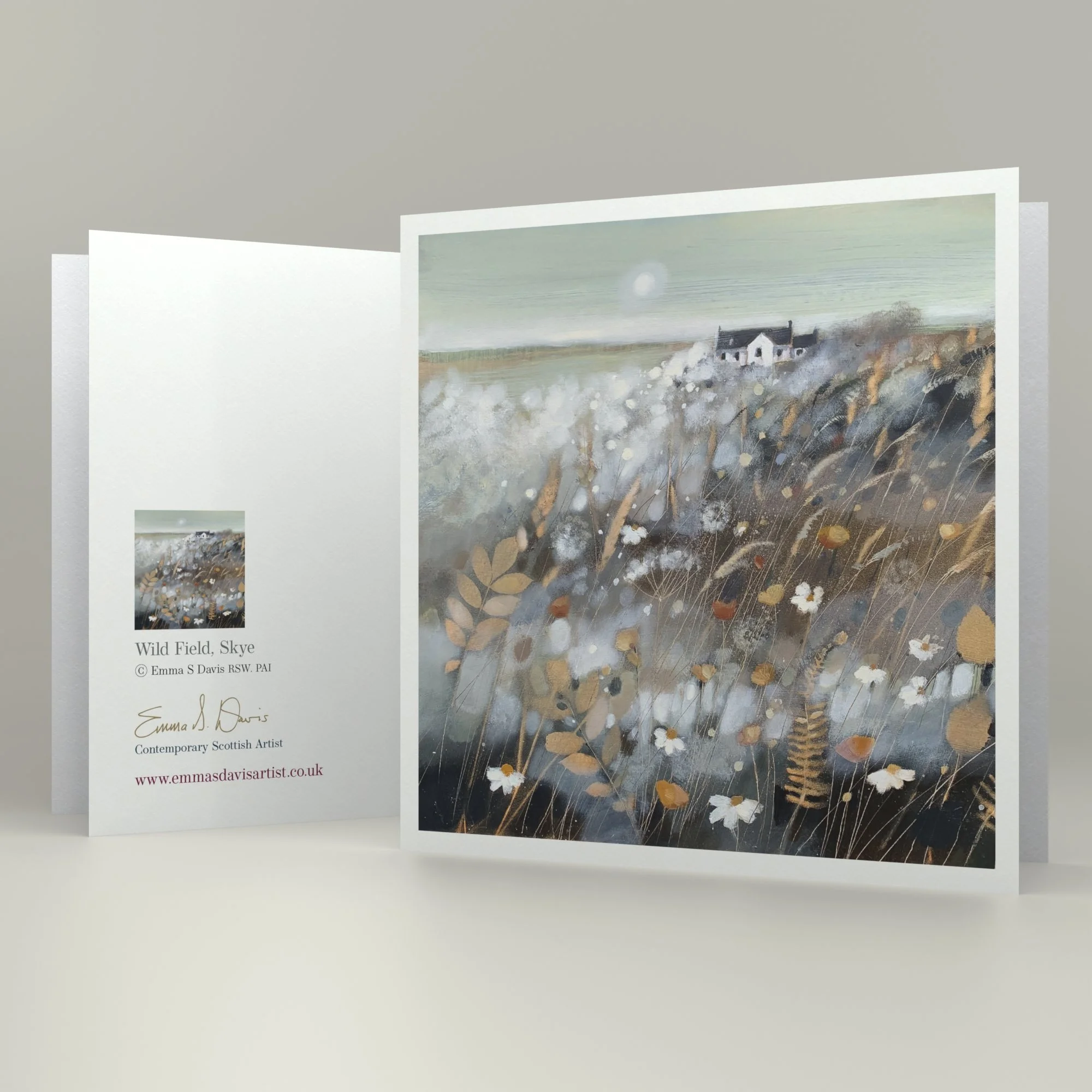 Isle of Skye's wildflower filled fields in Emma S Davis Artist's framed art greetings card 'Wild Field, Skye'