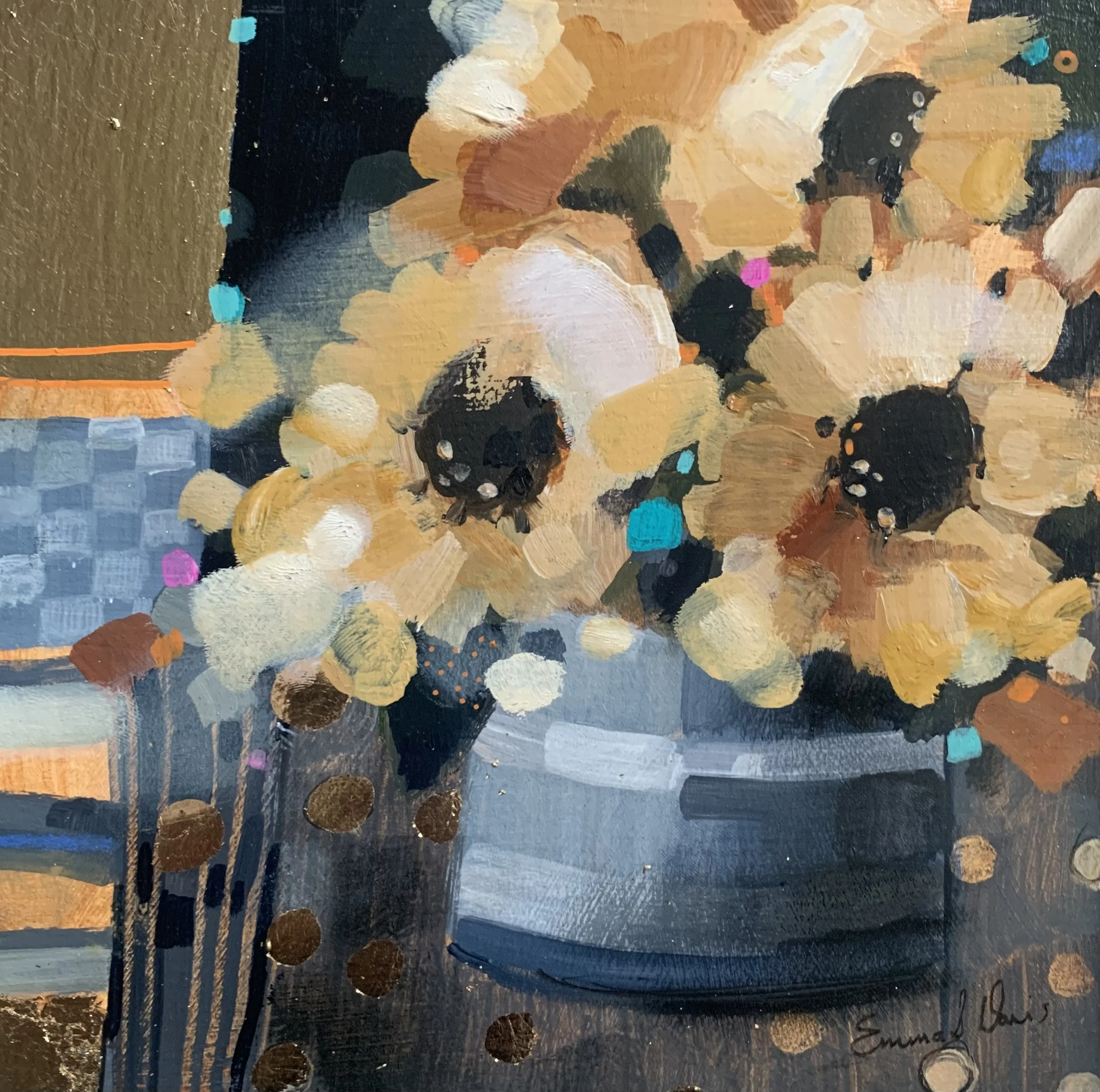 Original sunflower painting titled Towards the Sun showing bright yellow sunflowers in a vase by Emma S Davis