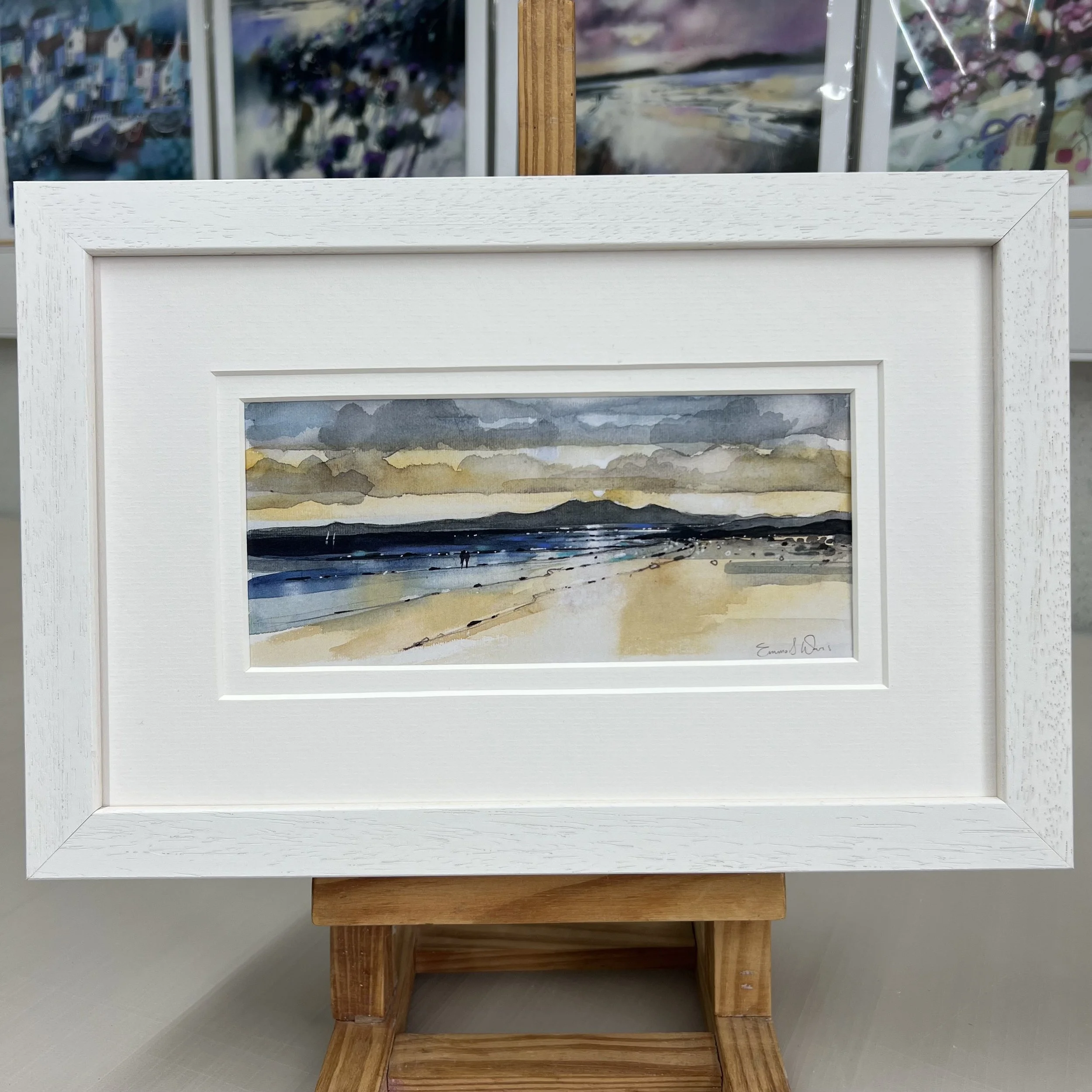 Framed Art Card Isle of Arran View, Seamill, Ayrshire by Scottish Landscape Artist Emma S Davis. White Frame Double Mount.
