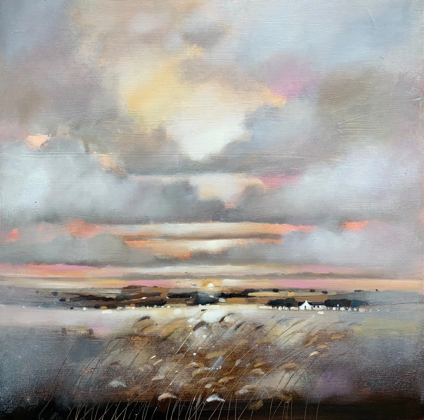 Original oil painting of a Highland sunset inspired by the barley fields near Tain and the Glenmorangie Distillery by Scottish artist Emma S Davis. Detailed view.