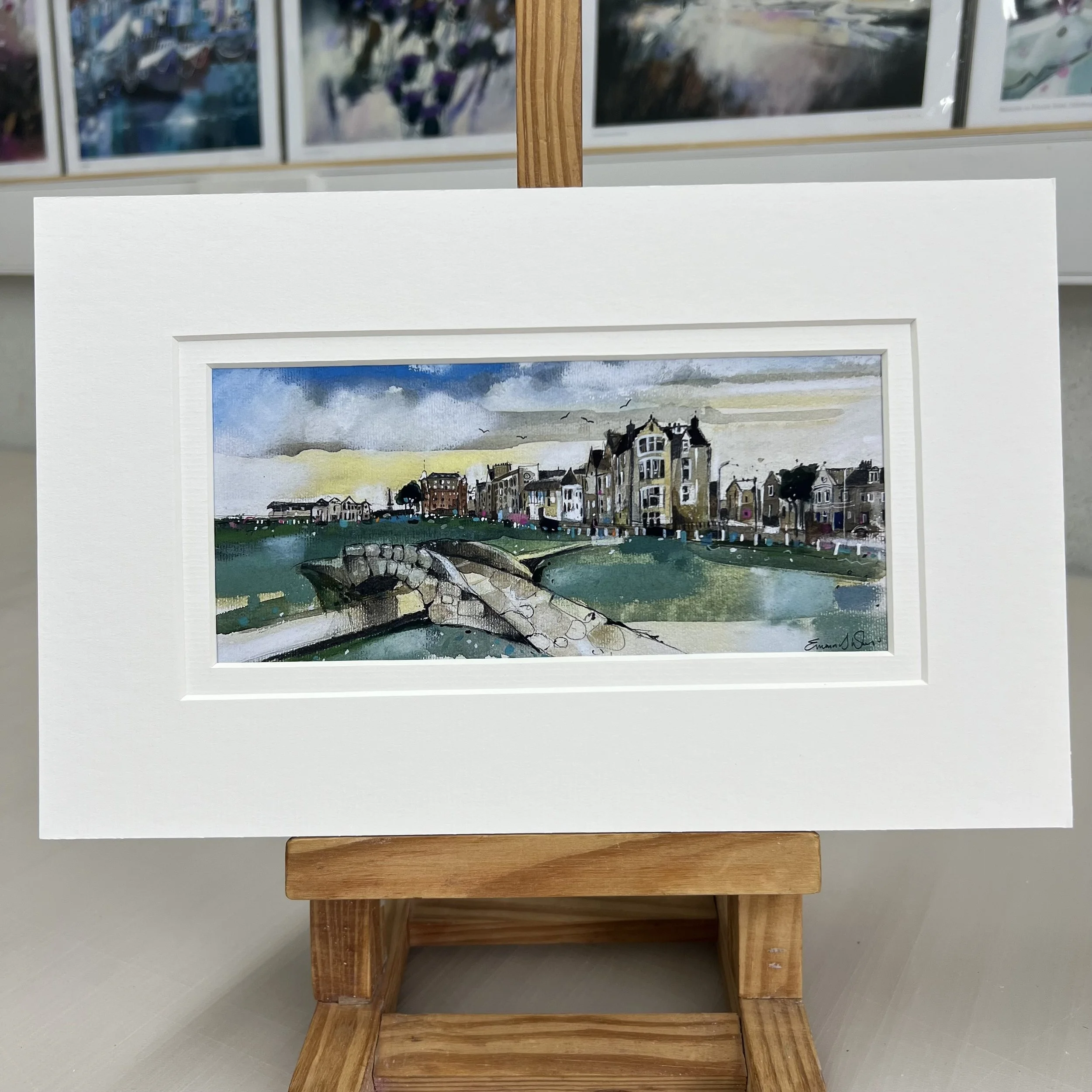 Swilcan Bridge St Andrews greeting card with Old Course and clubhouse by Scottish Landscape Artist Emma S Davis. Mounted card.