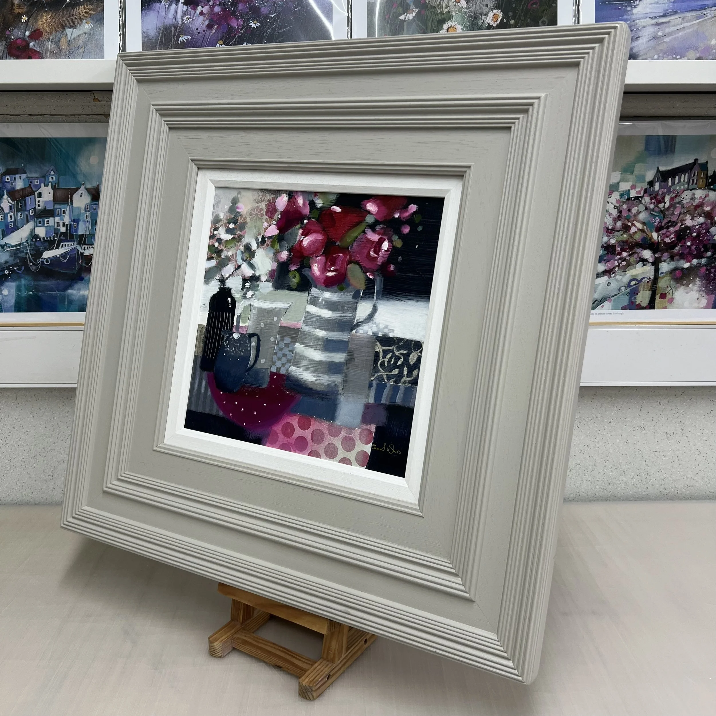 Always and Forever original mixed media floral still life painting by Scottish artist Emma S Davis featuring contemporary ceramic vessels and pink flowers. Alternate view.
