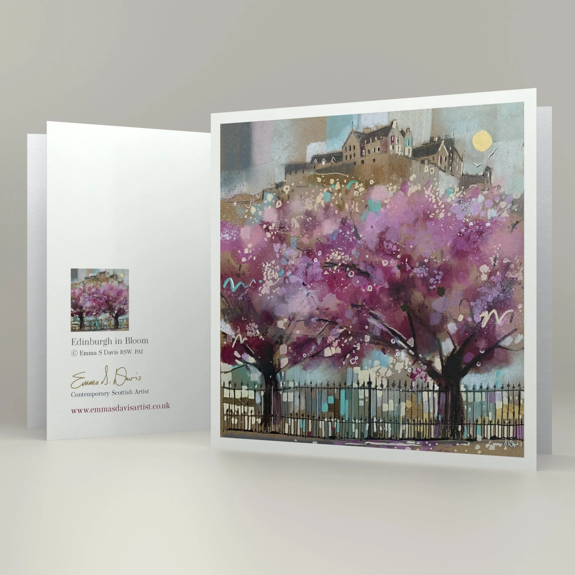 Art Greeting Card of Edinburgh Castle and Princes Street Gardens by Scottish Landscape Artist Emma S Davis.