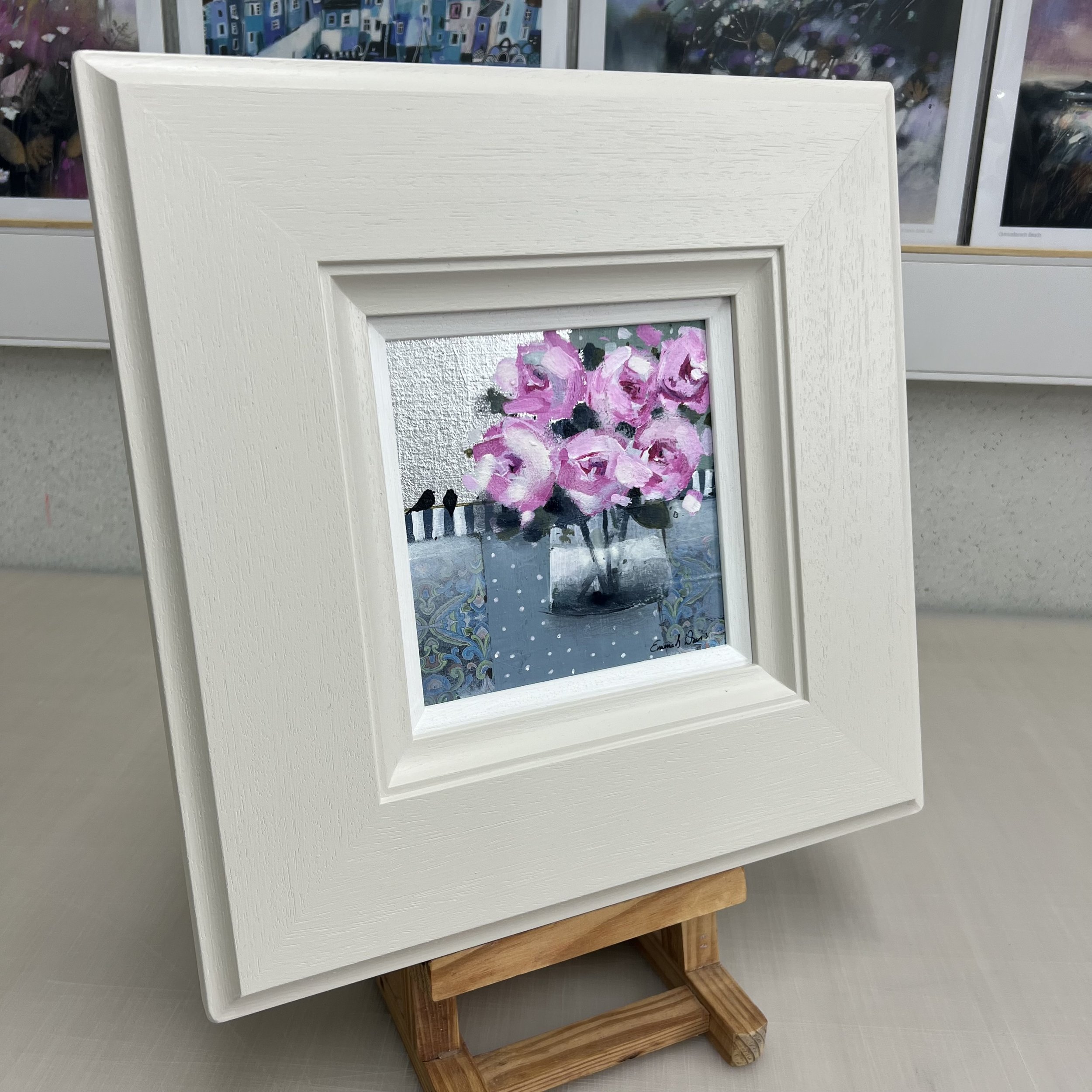 Framed original pink rose painting Sent with Love by Emma S Davis. Alternate view.
