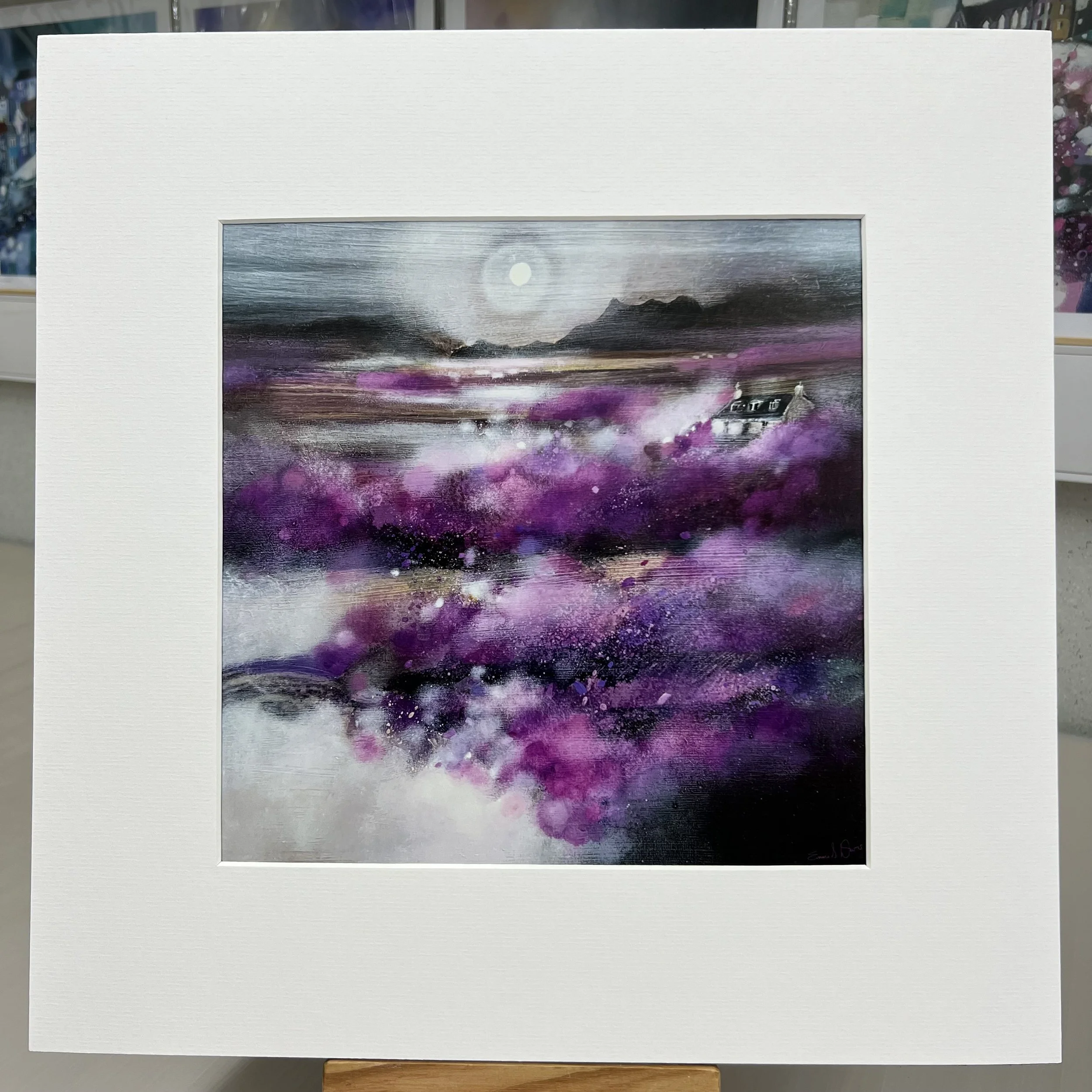 Isle of Skye Heather Scottish landscape artwork featuring purple heather inspired by the Isle of Skye by Emma S Davis Artist. Mounted print.