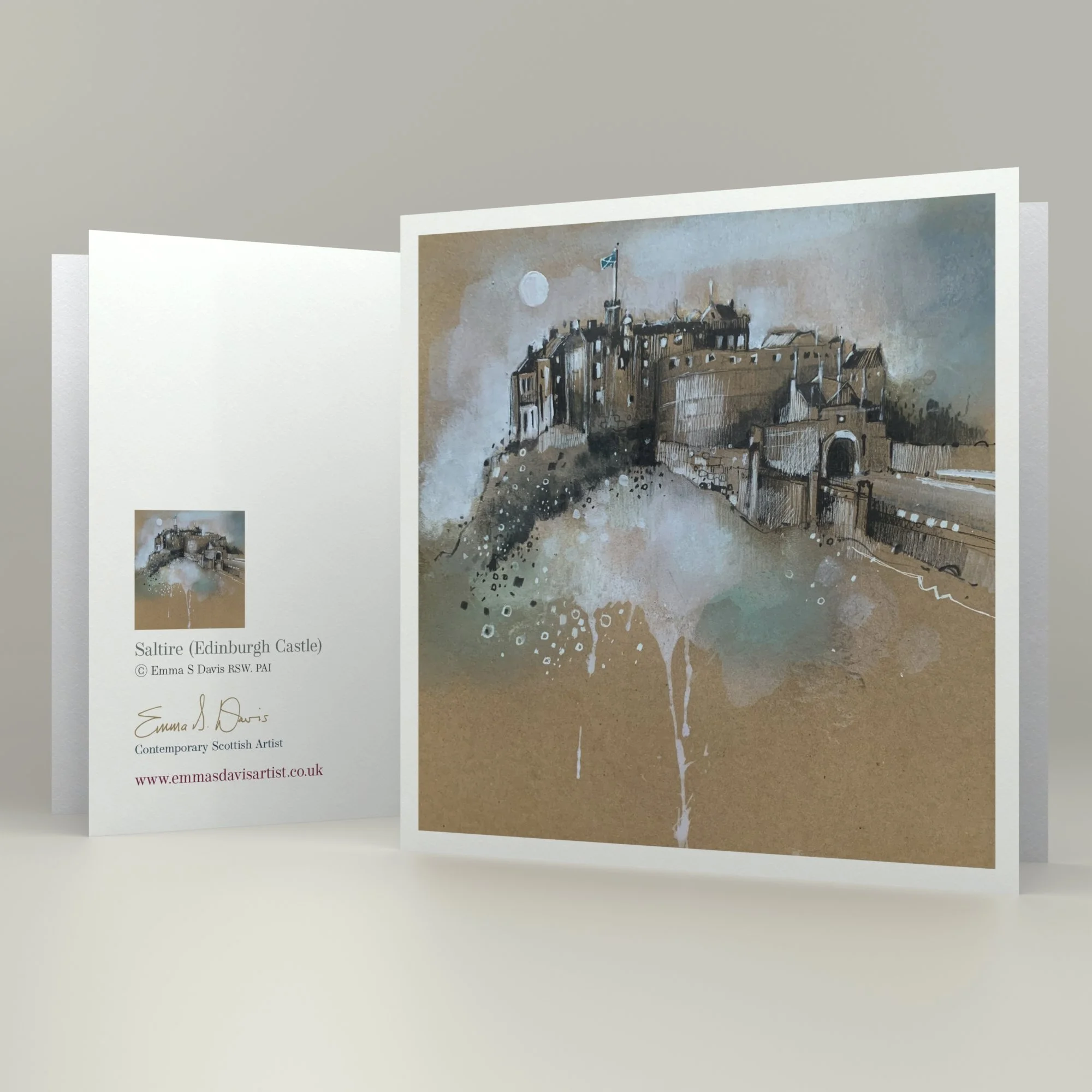 Framed card 'Saltire, Edinburgh Castle' by Emma S Davis Artist showing card detail
