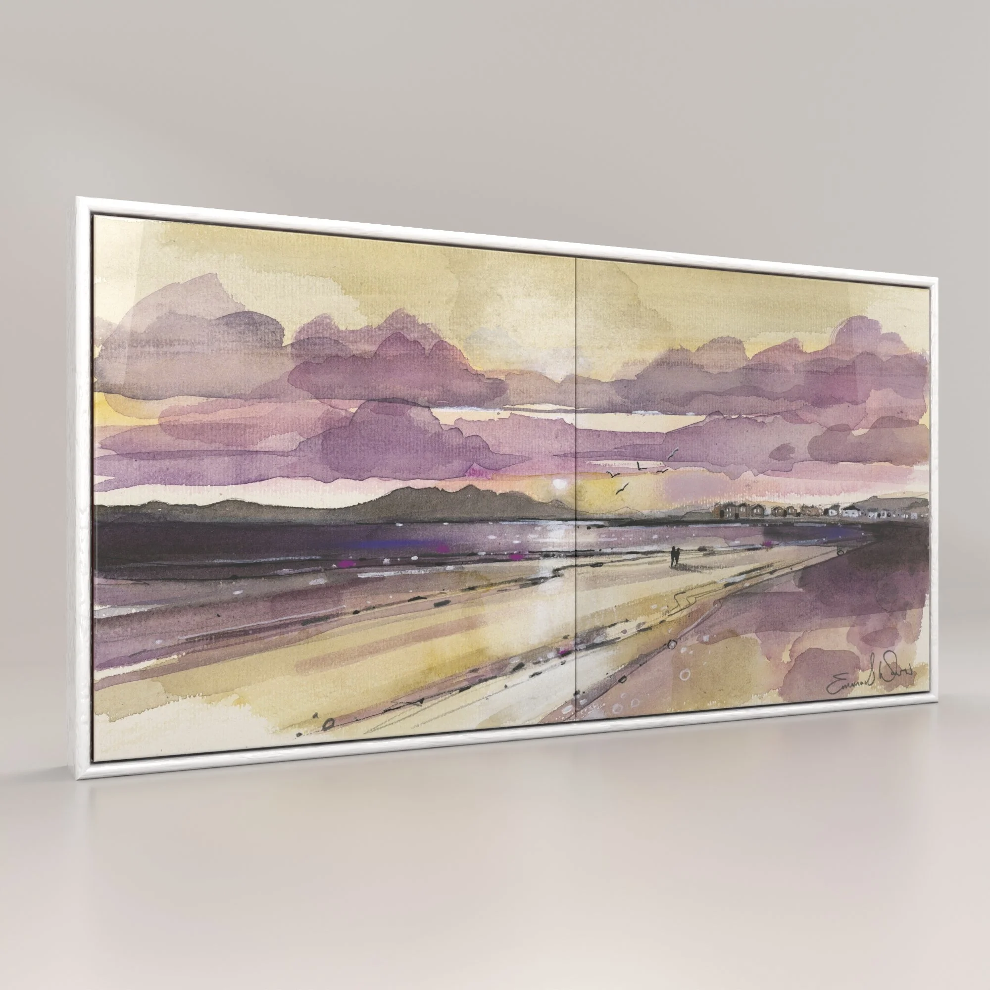 Art Print of Arran View Ceramic Tile of Troon Beach Sunset by Scottish Landscape Artist Emma S Davis. Rendered image.