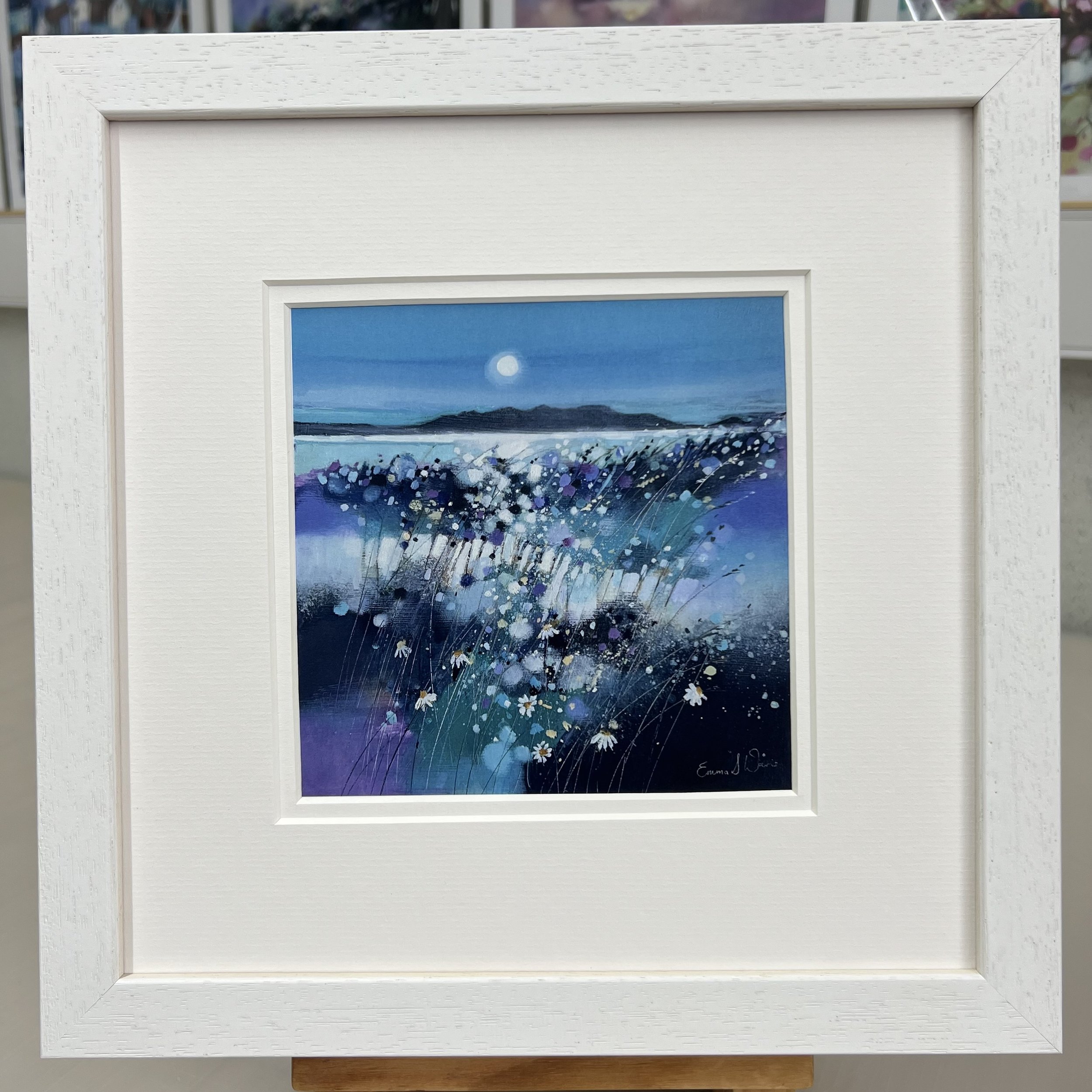 Framed Art Card Isle of Arran Moonlit View by Scottish Landscape Artist Emma S Davis. White Frame Double Mount