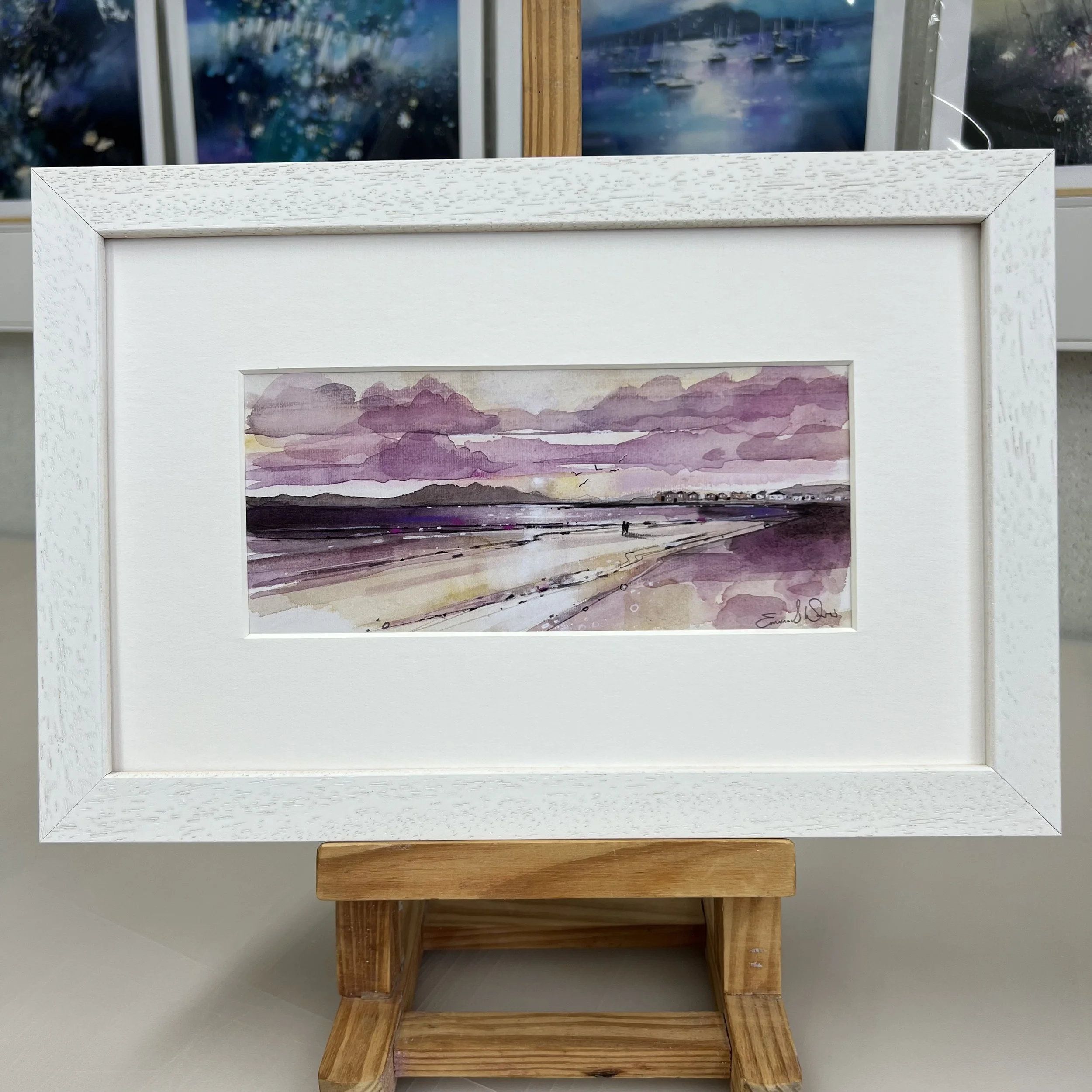 Troon Beach Sunset - Framed Greetings Card by Emma S Davis Artist - white frame