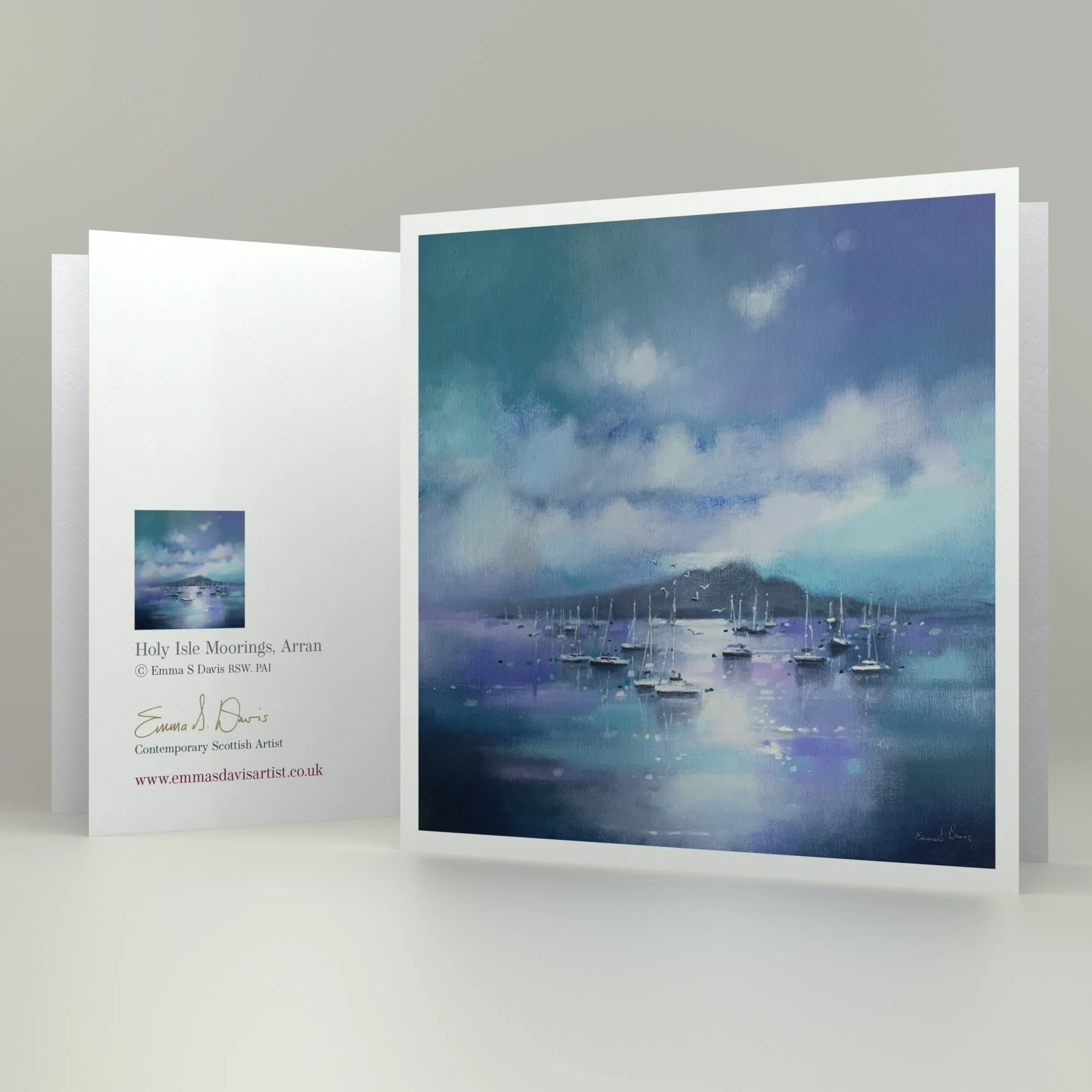 Detail of 'Holy Isle Moorings, Arran' framed art card by Emma S Davis Scottish landscape artist
