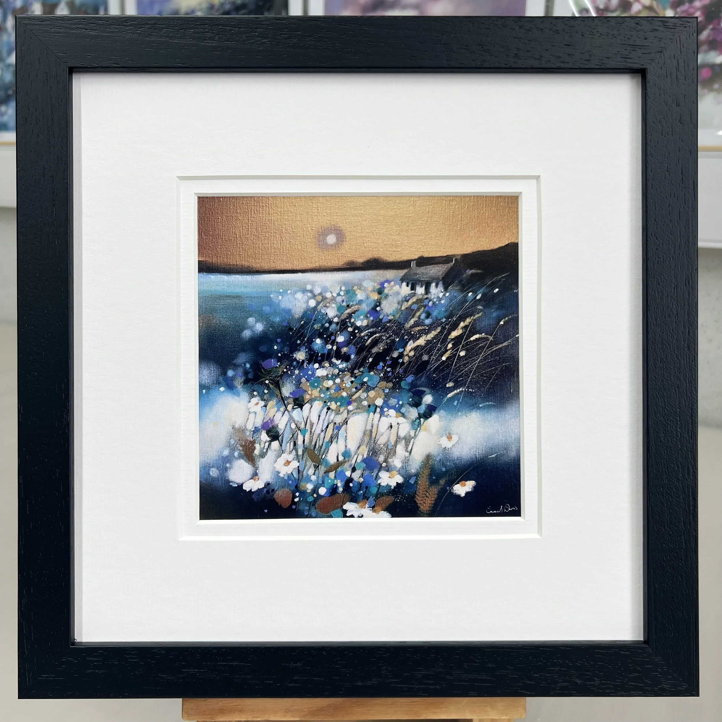 Framed Art Card The Highlands, Sutherland by Scottish Landscape Artist Emma S Davis. Black Frame Double Mount